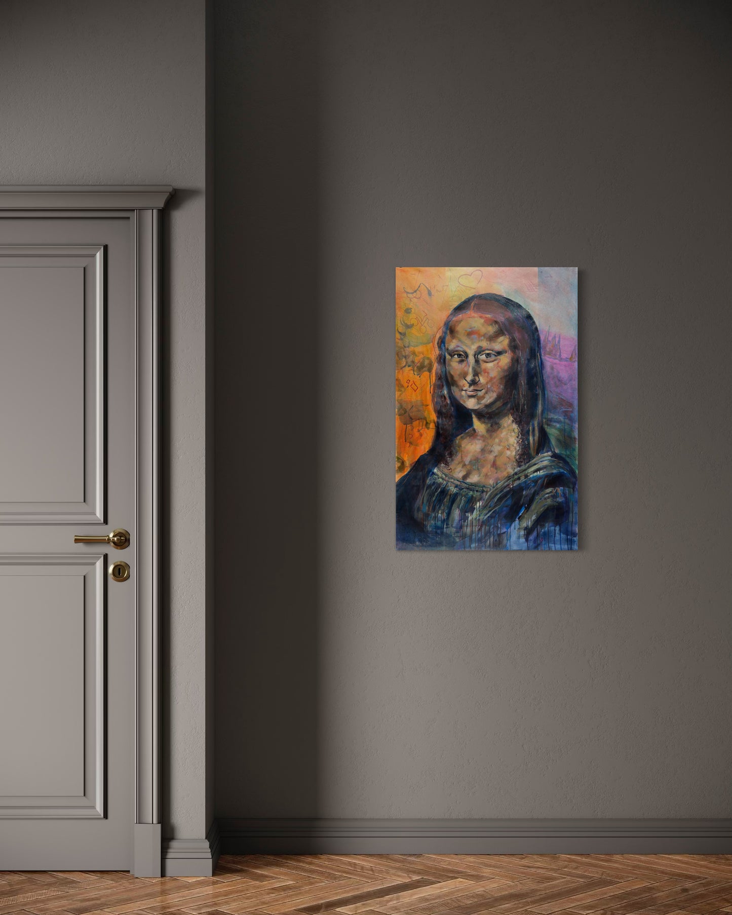 Mona Lisa Portrait Original Painting on gray wall