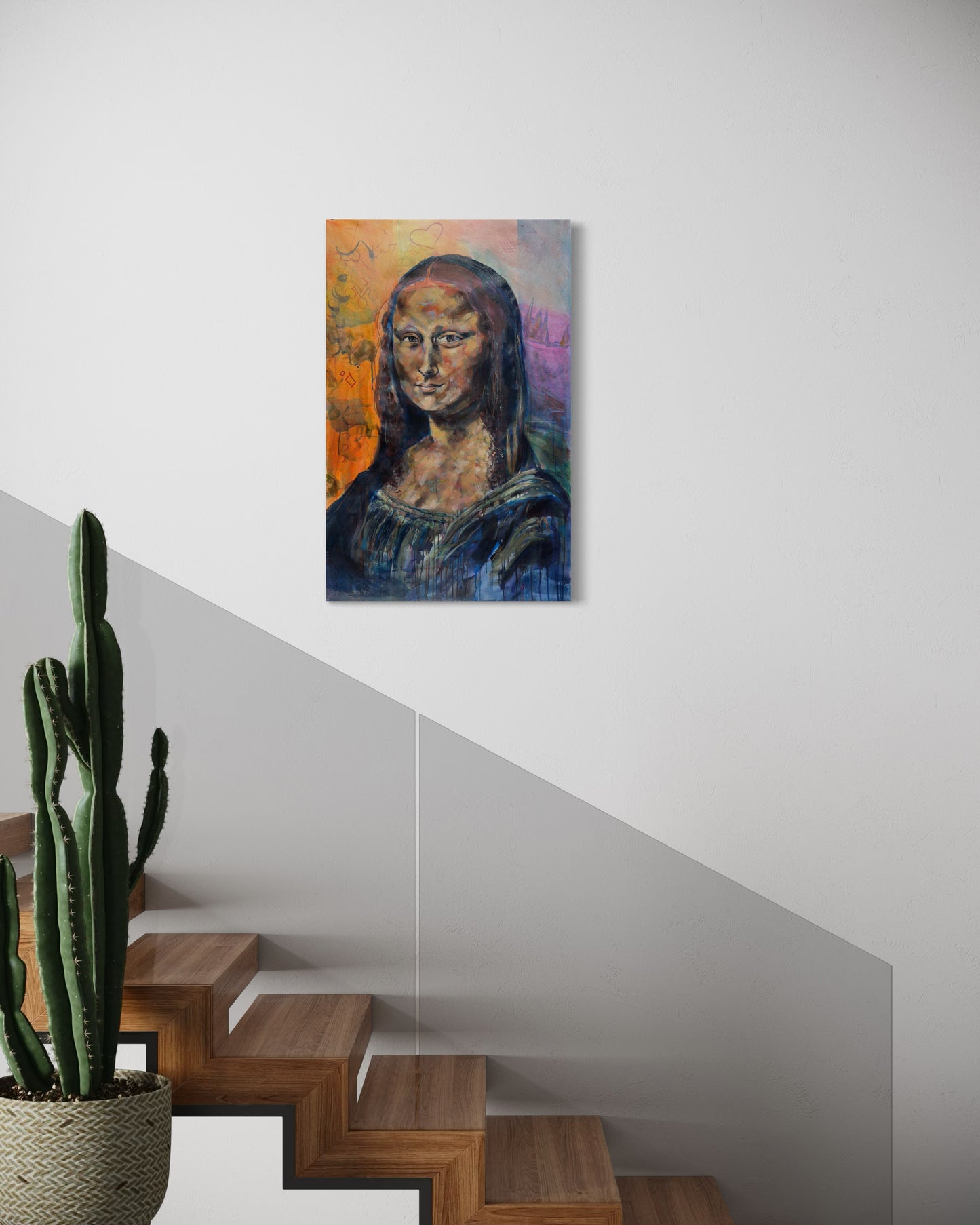 Mona Lisa Portrait Original Painting on staircase with cactus