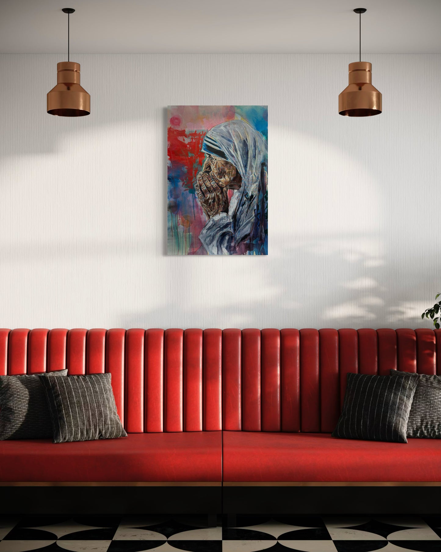 Mother Teresa Portrait Original Painting above long red luxxury couch