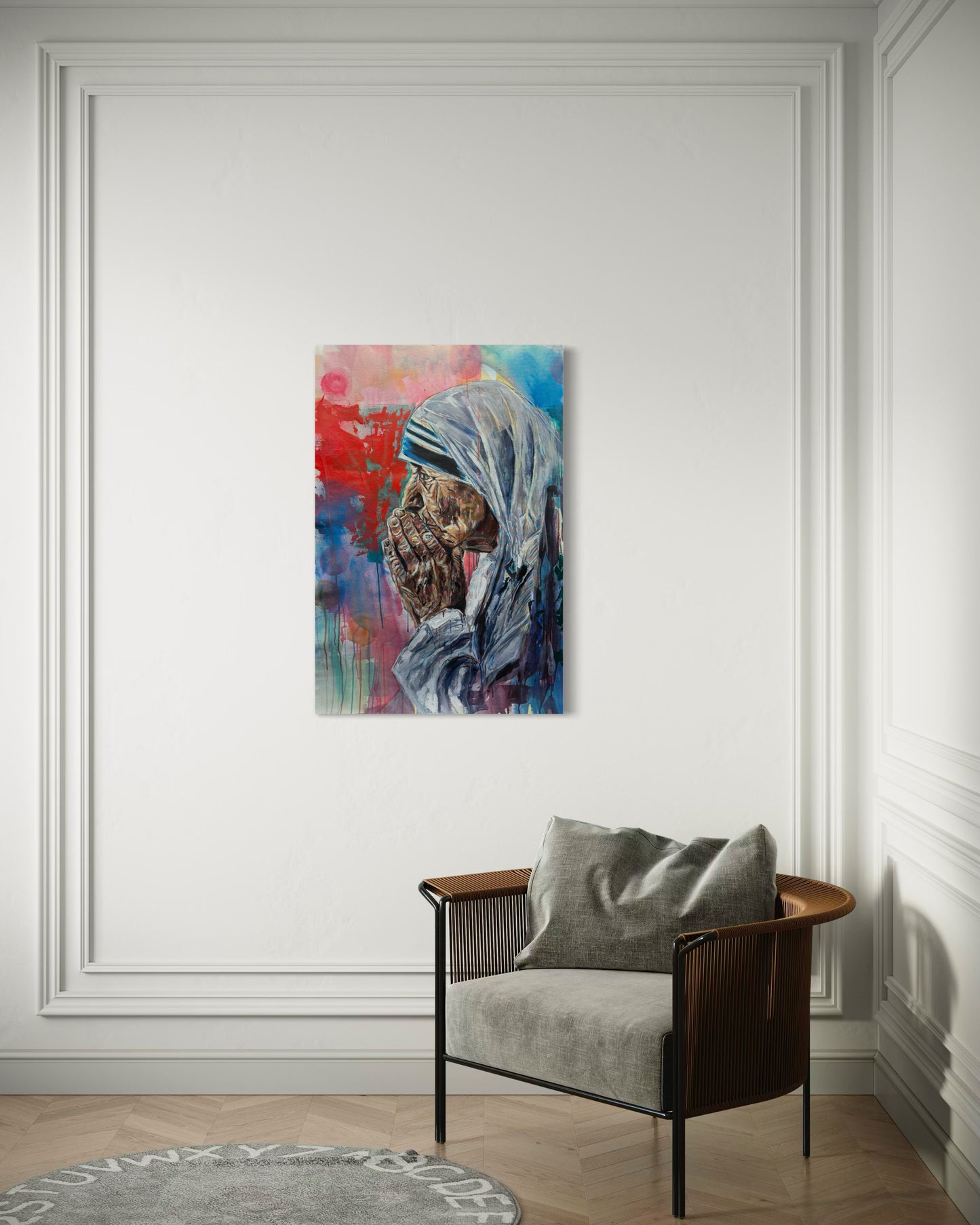 Mother Teresa Portrait Original Painting in corner wall with stool