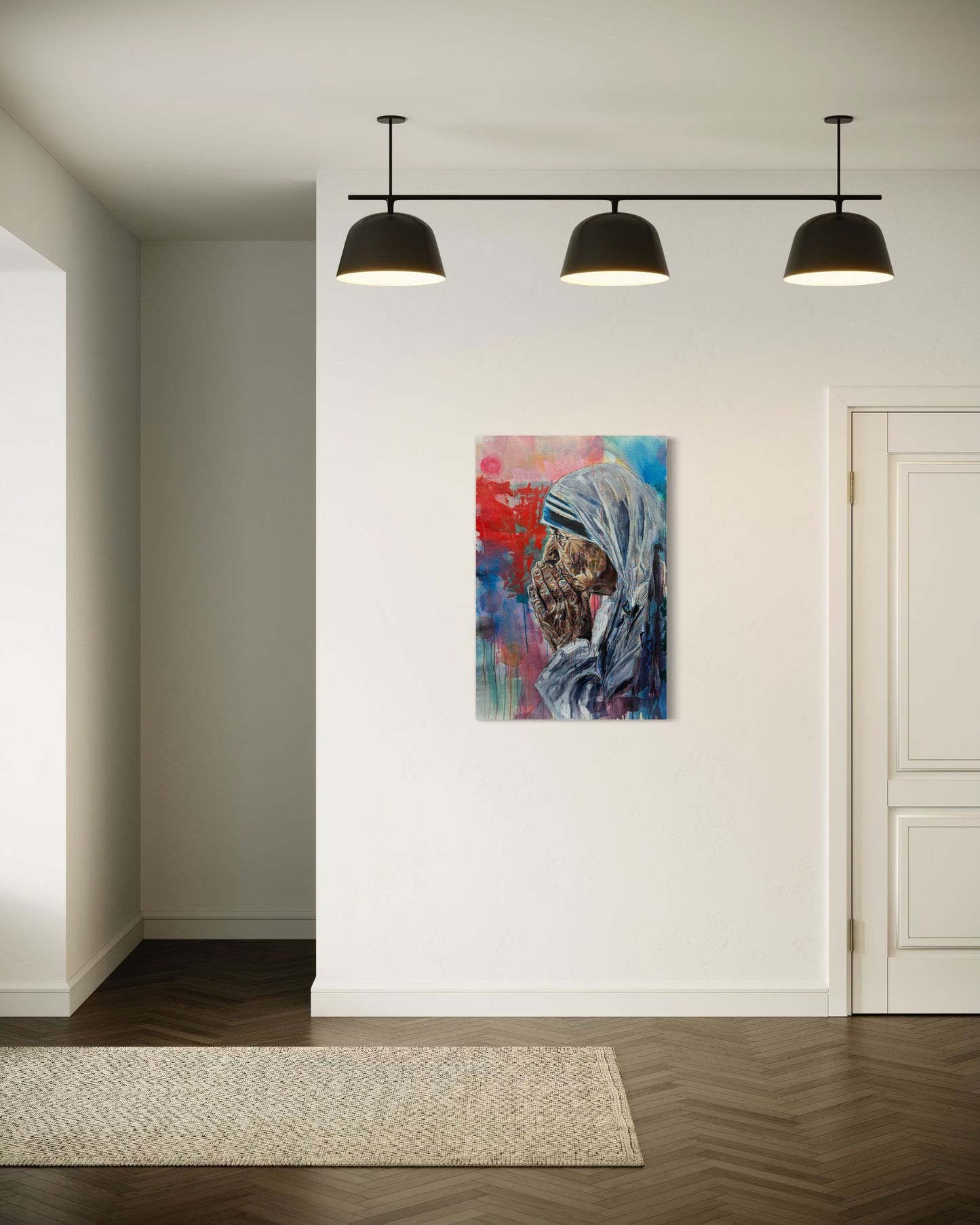 Mother Teresa Portrait Original Painting in hallway with spotlights