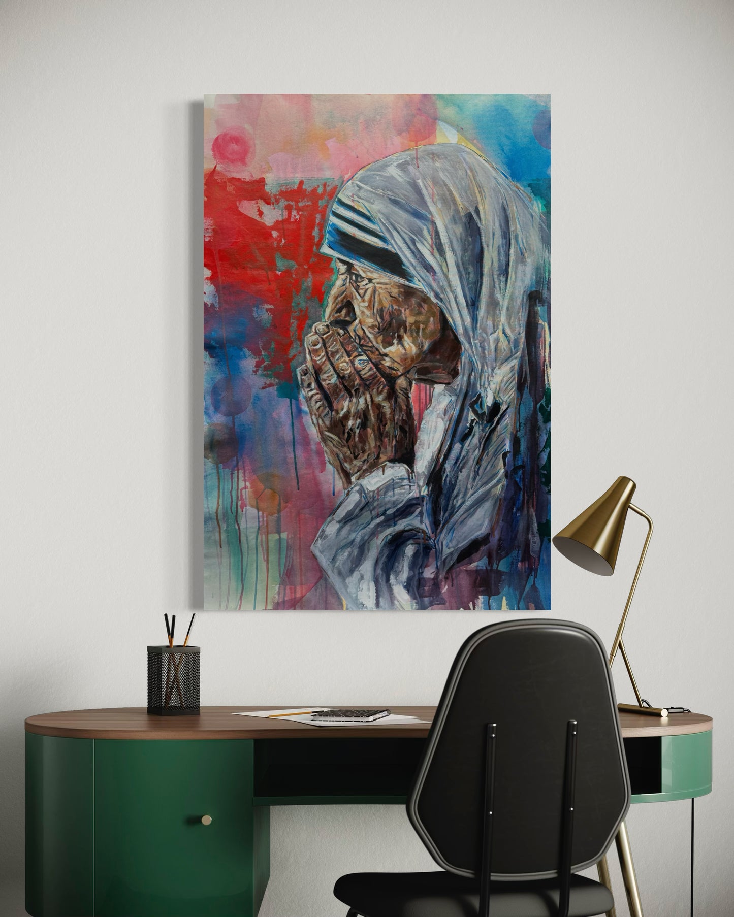 Mother Teresa Portrait Original Painting above green home office