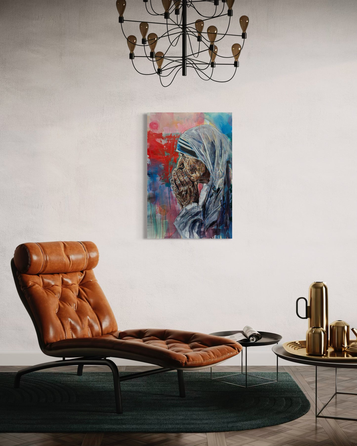 Mother Teresa Portrait Original Painting above leather long armchair
