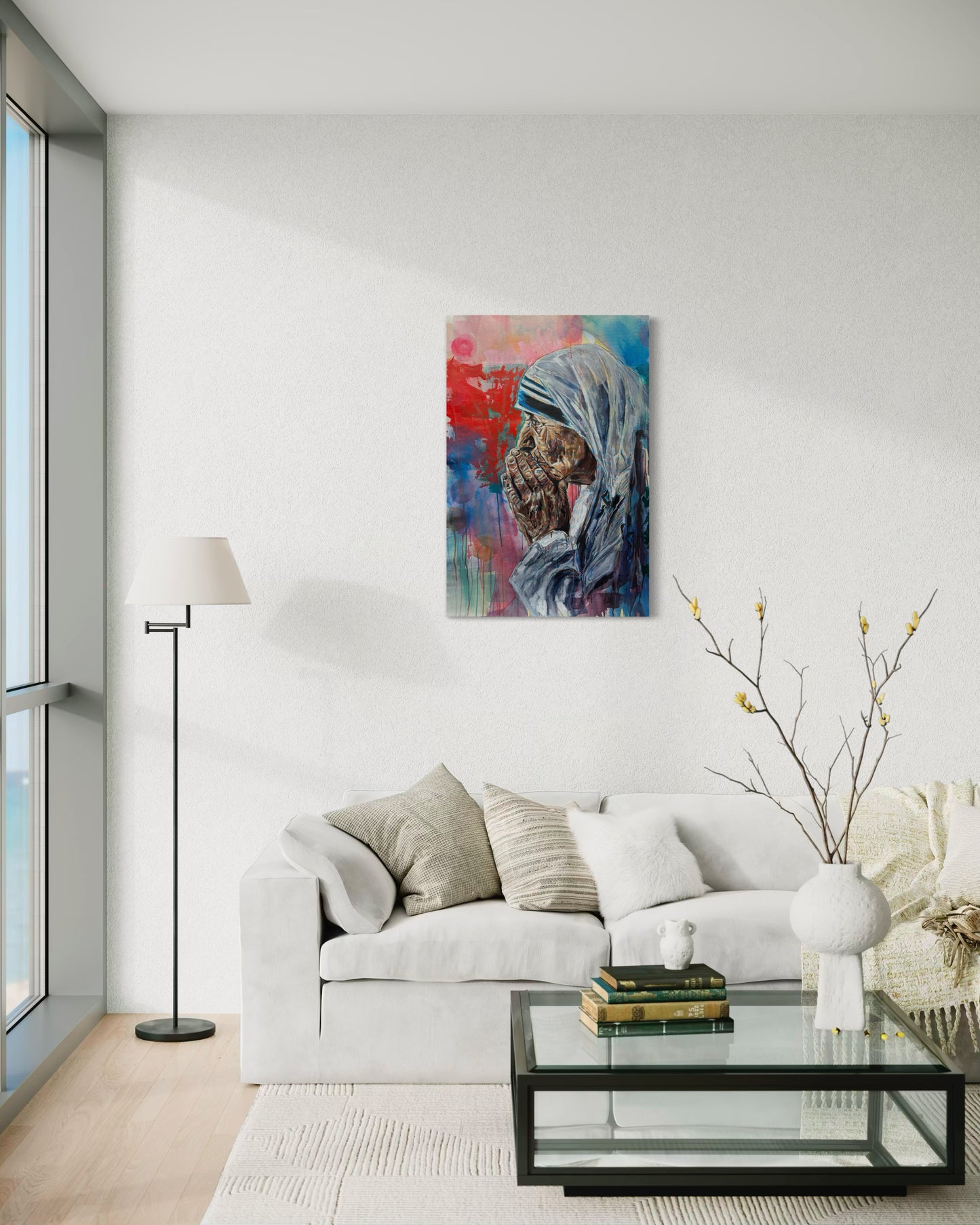 Mother Teresa Portrait Original Painting looking out the window