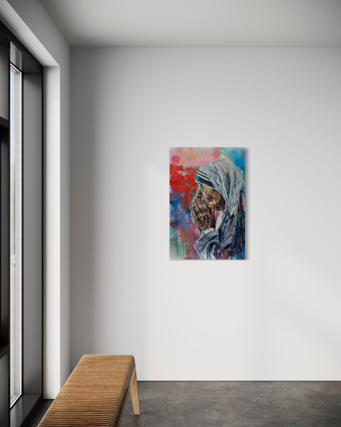 Mother Teresa Portrait Original Painting next to window with wooden bench