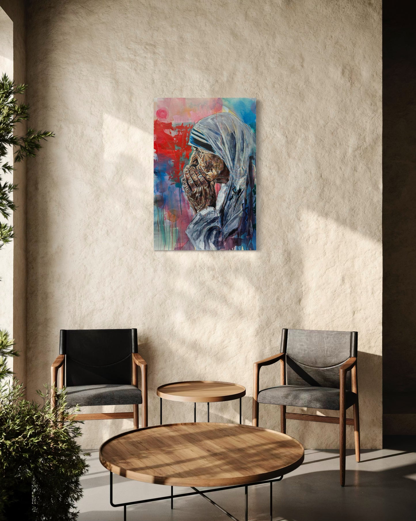 Mother Teresa Portrait Original Painting above two armchairs with small table