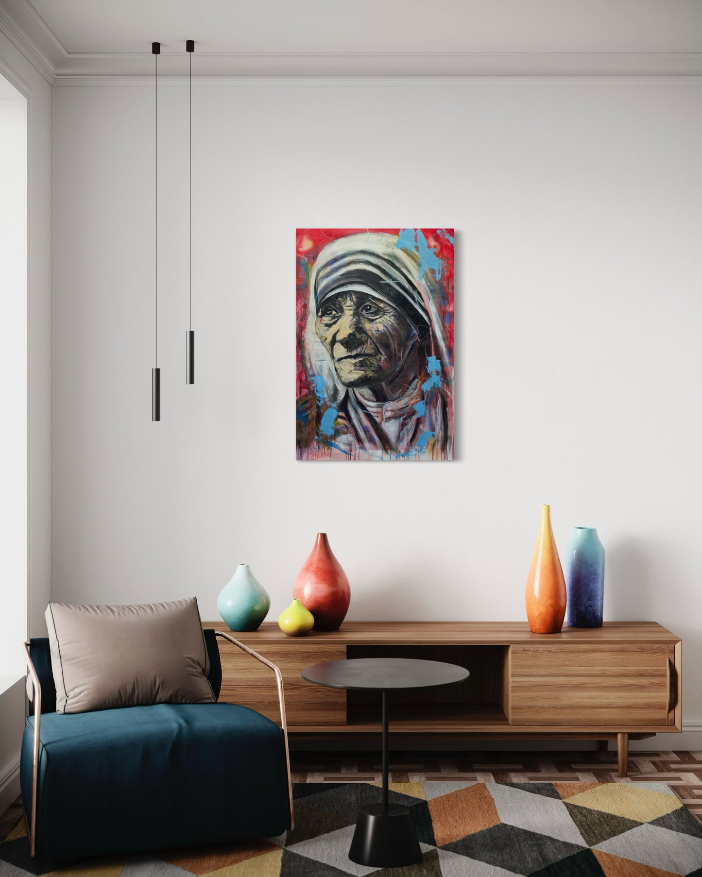 Mother Teresa Portrait Original Painting above wooden dresser