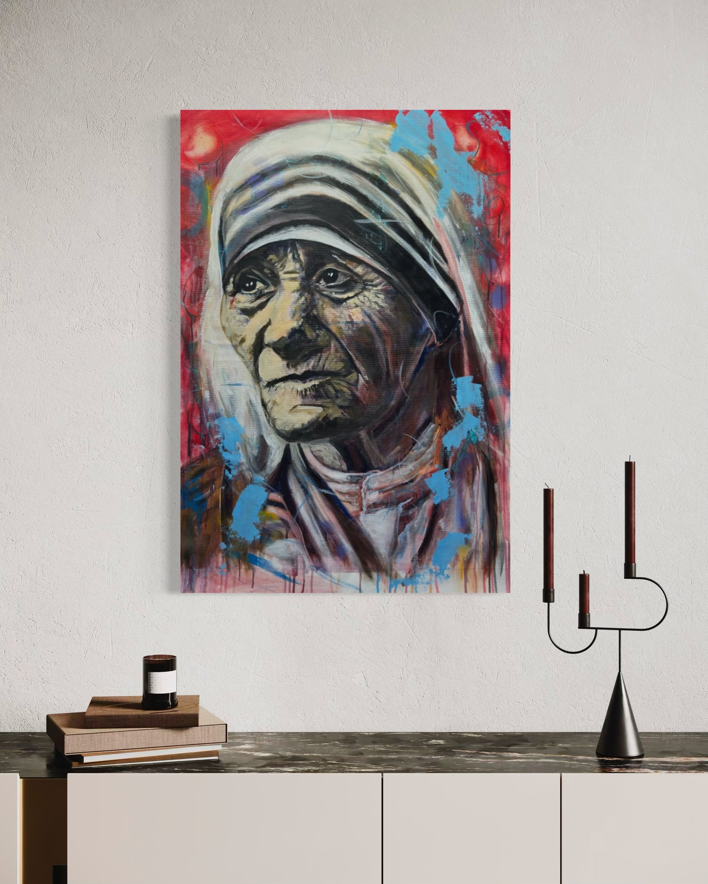 Mother Teresa Portrait Original Painting above dresser with candle and books