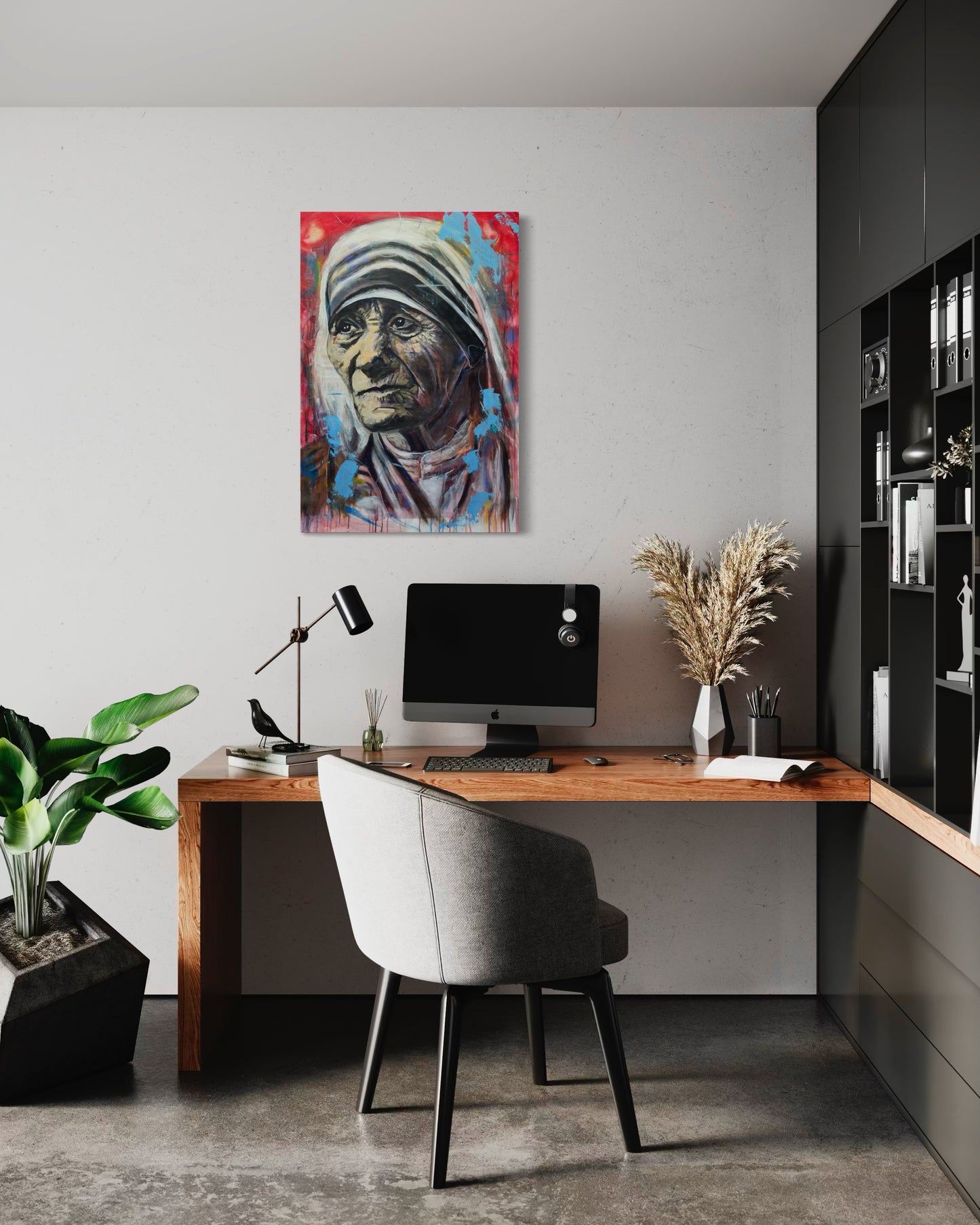 Mother Teresa Portrait Original Painting above dark graz office corner with cabinet