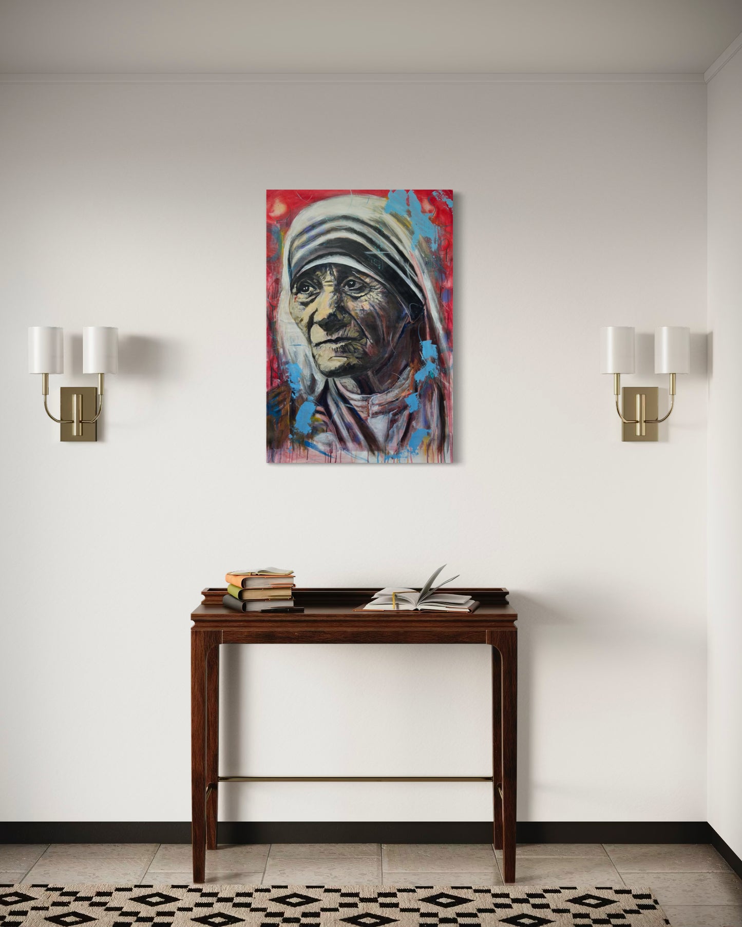 Mother Teresa Portrait Original Painting above hallway table
