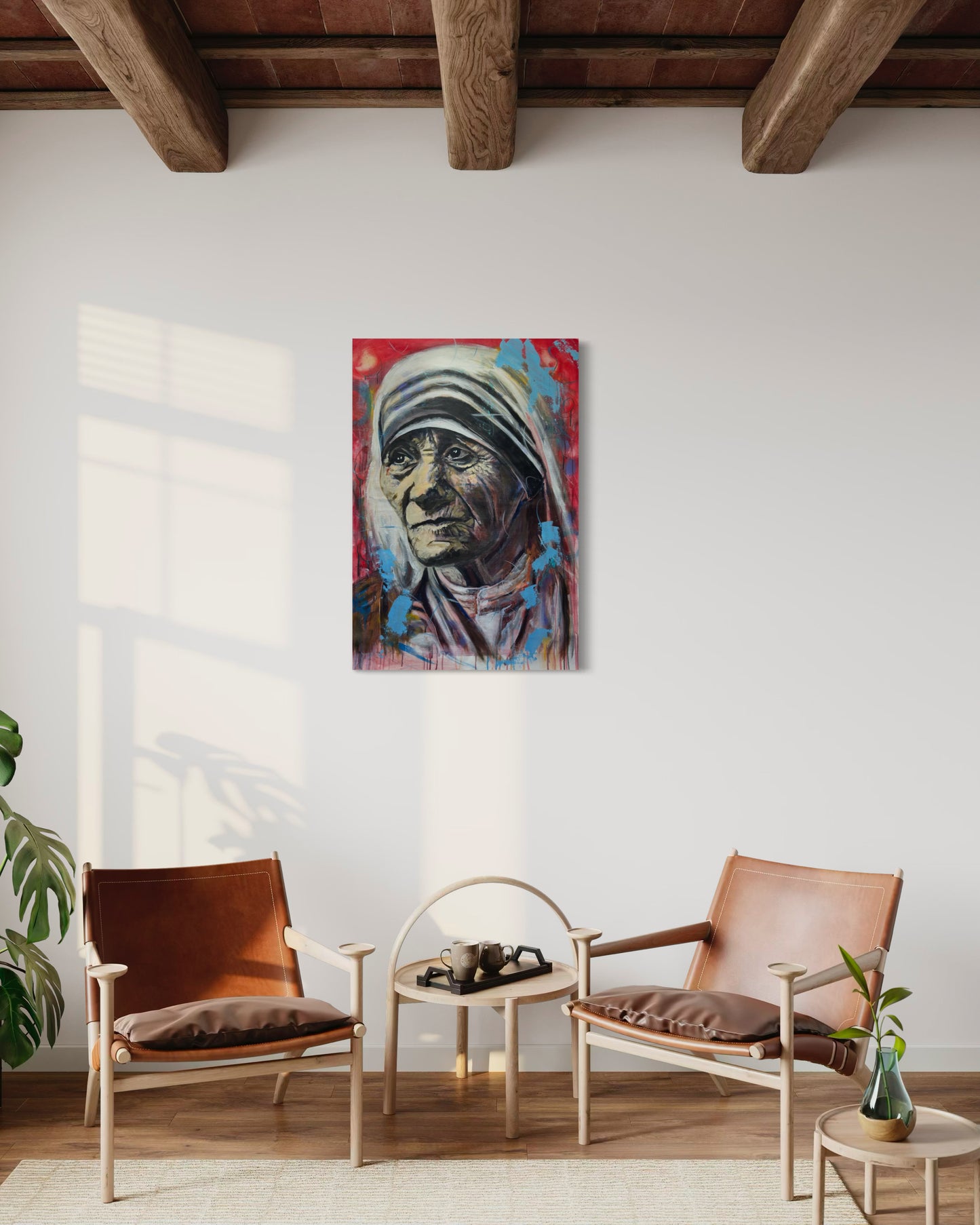 Mother Teresa Portrait Original Painting above two veranda armchairs