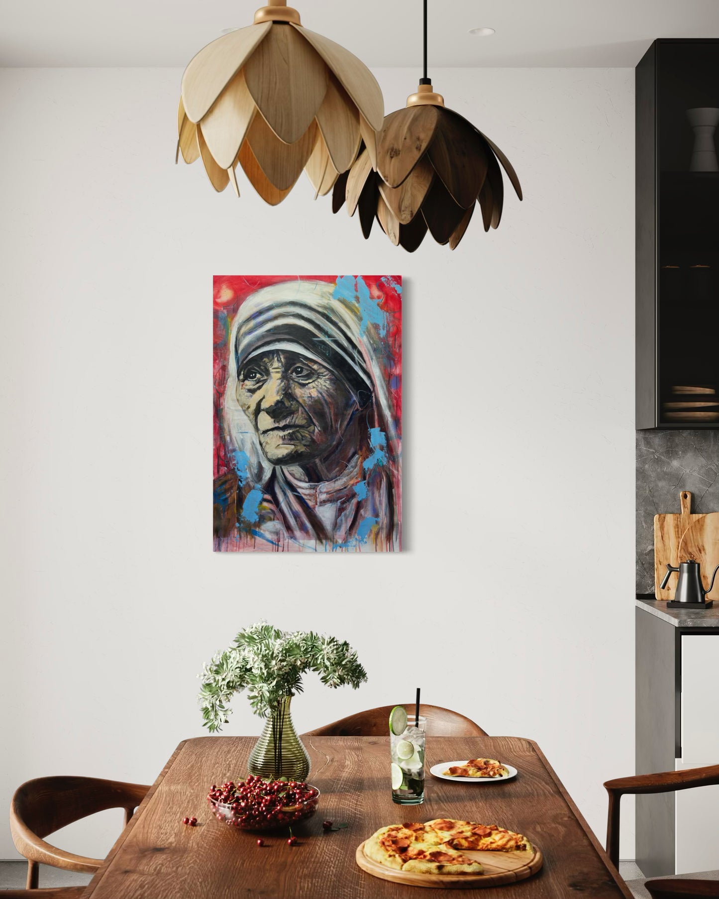 Mother Teresa Portrait Original Painting in kitchen area