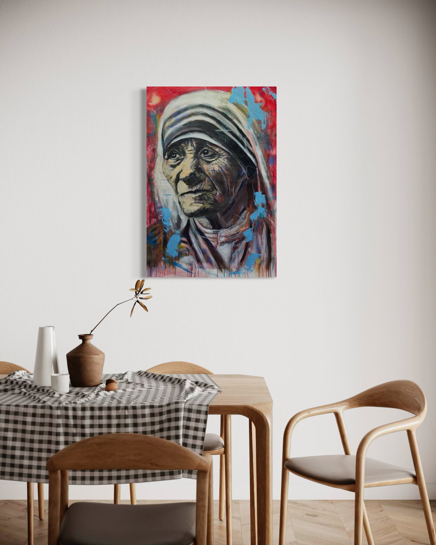 Mother Teresa Portrait Original Painting in simple kitchen area