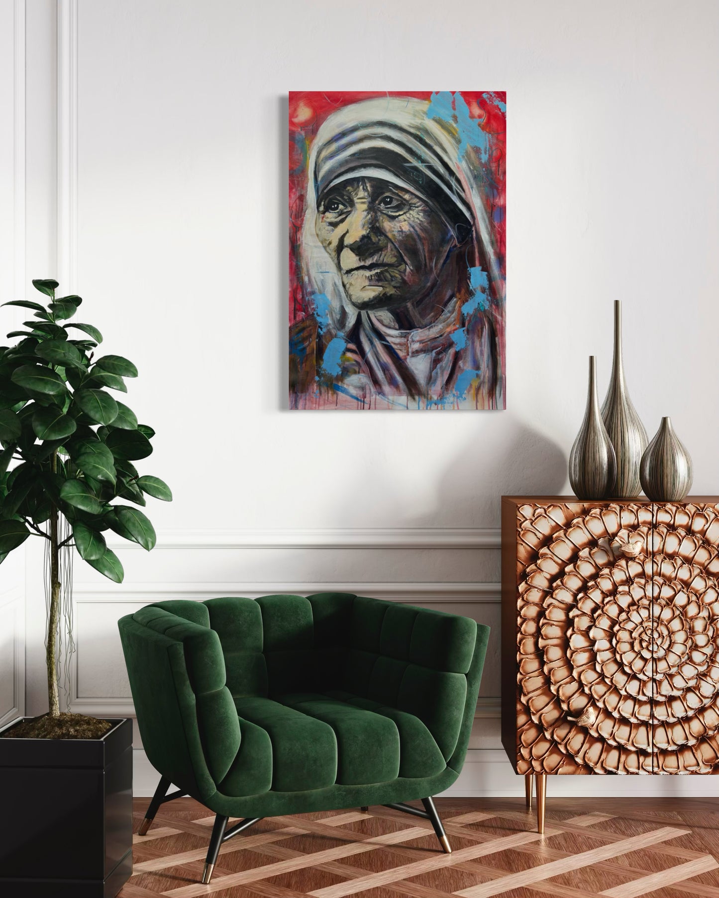Mother Teresa Portrait Original Painting above dark green sofa