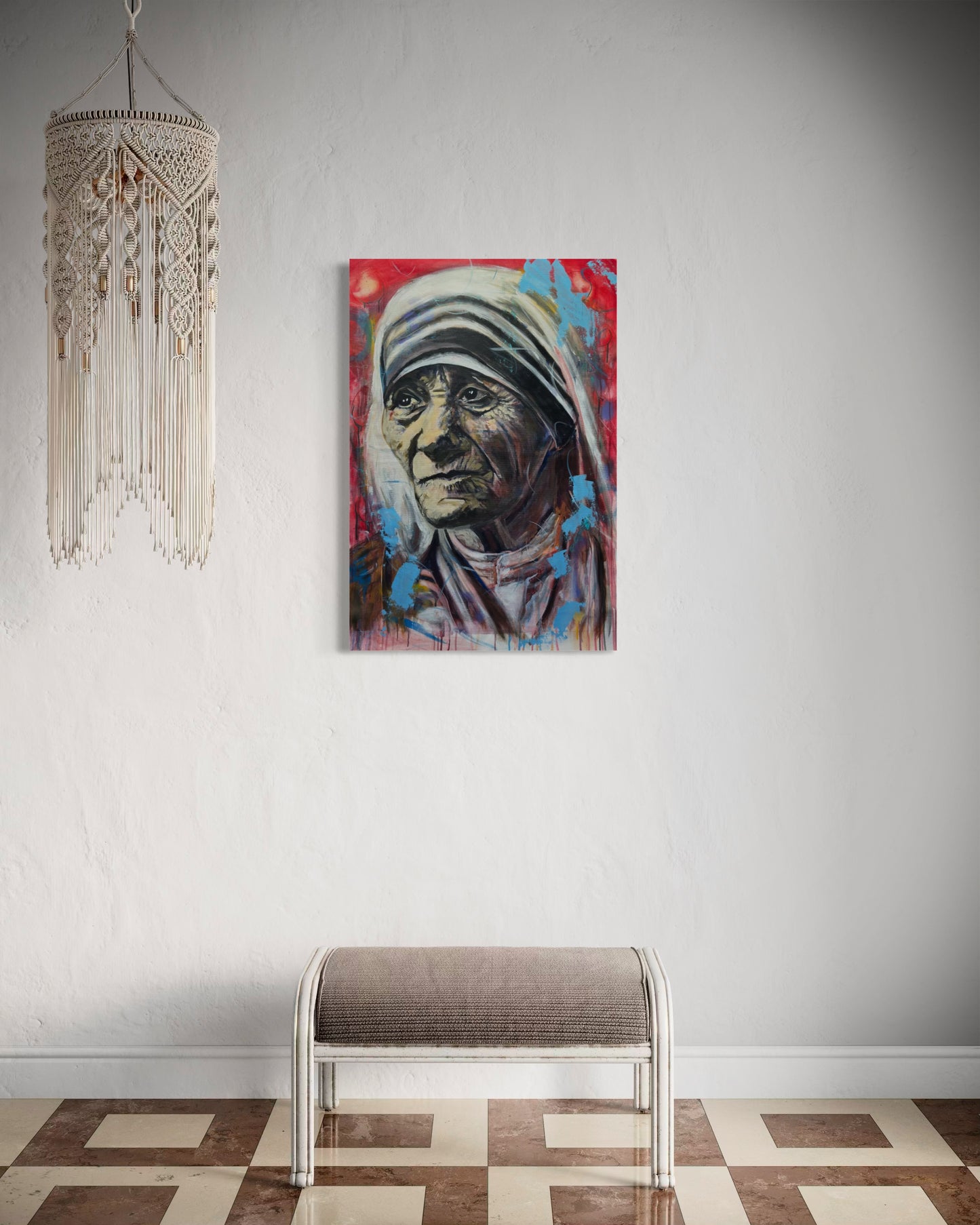 Mother Teresa Portrait Original Painting with stool