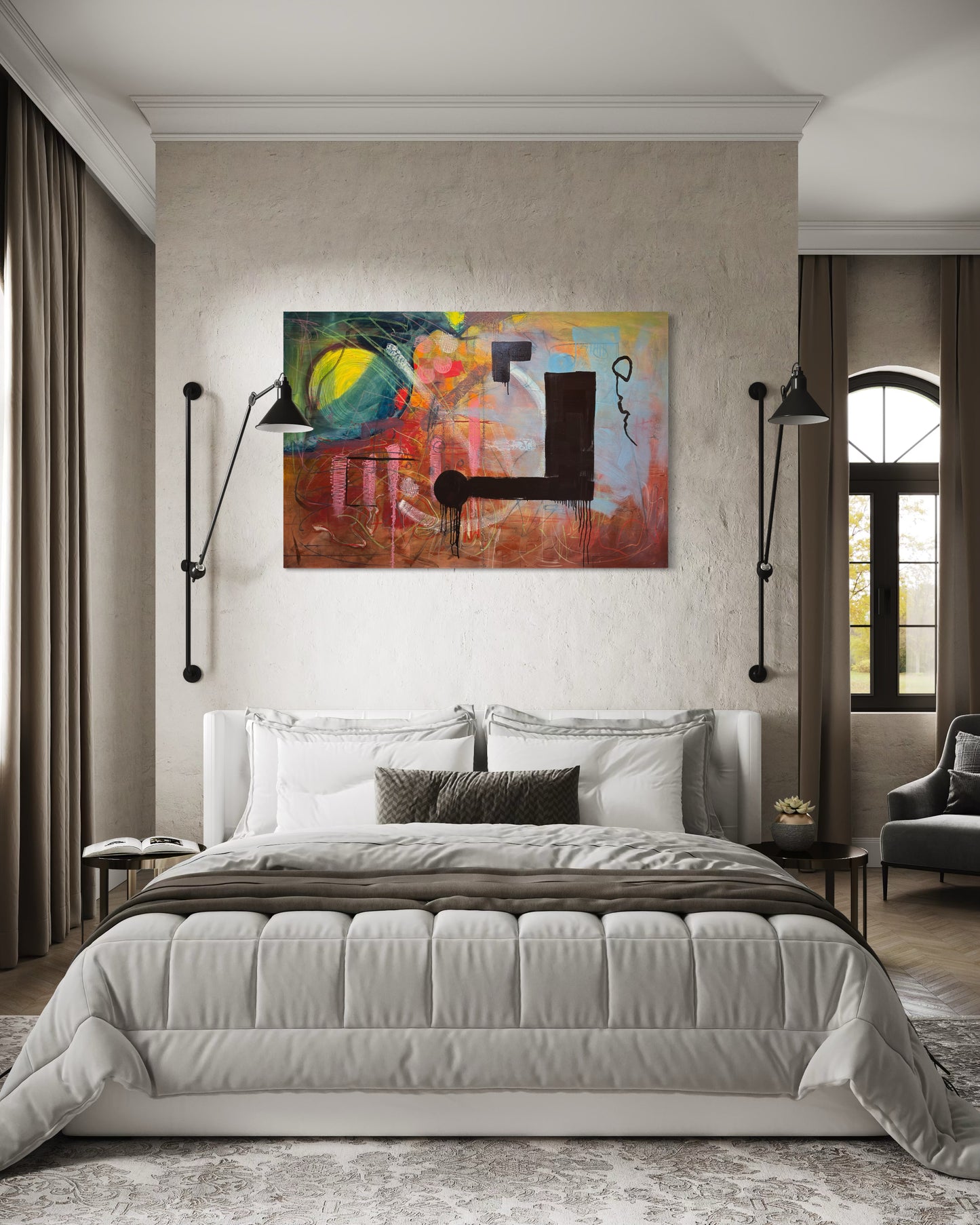 NOT ABOU - Above a double bed in gray
