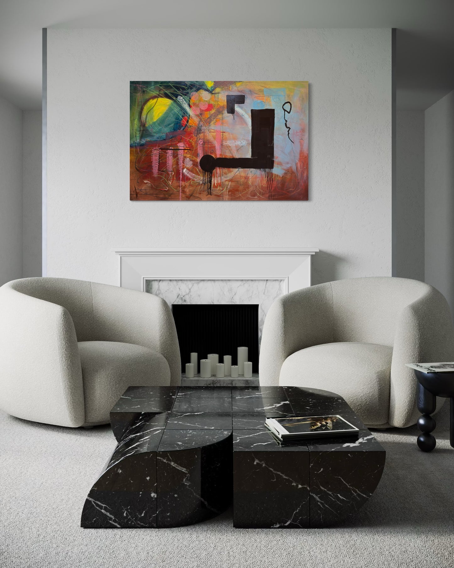 NOT ABOUT -Above the fireplace with 2 white sofas and black marble side tables