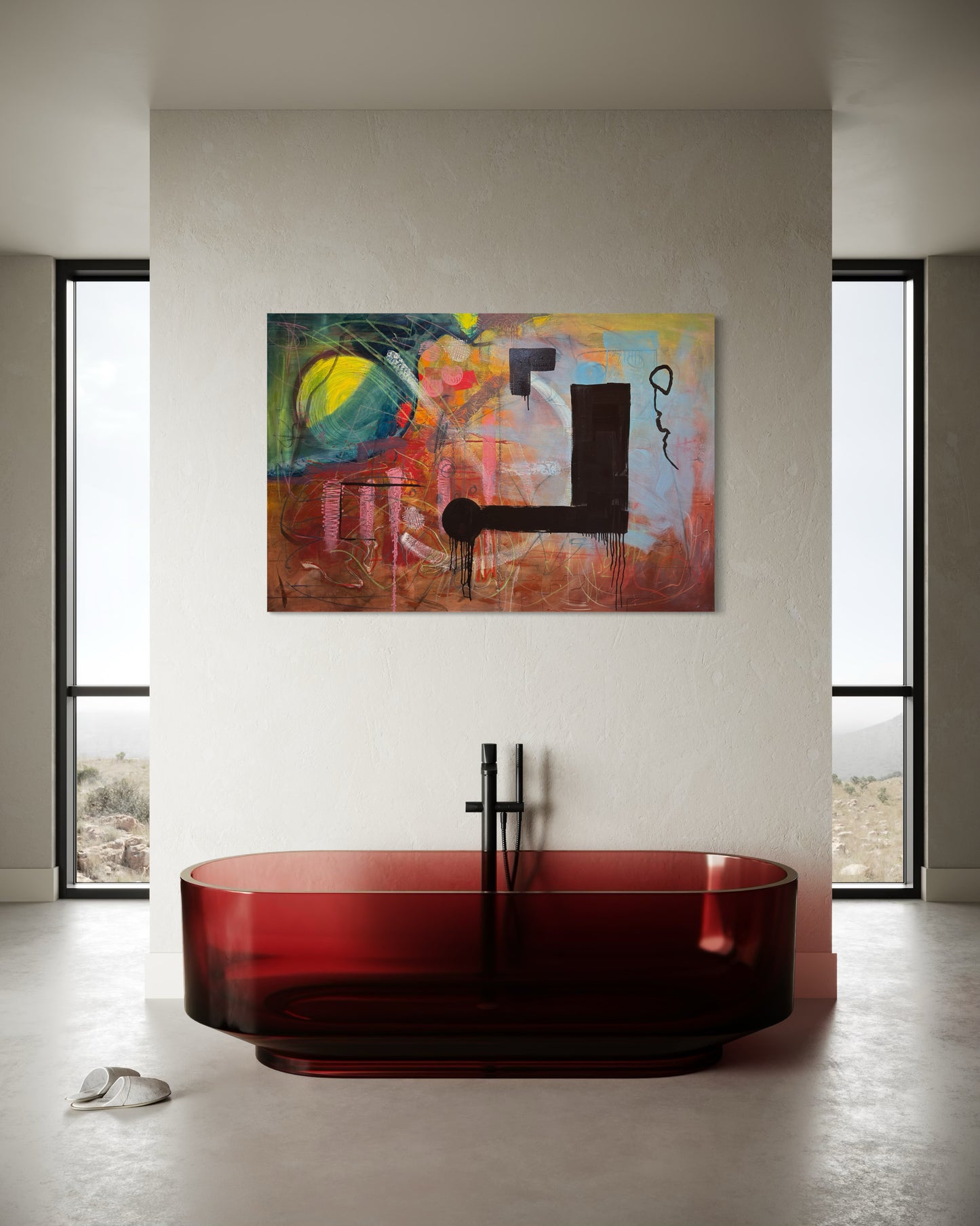 NOT ABOUT -In a minimalist luxury bathroom with red glass shower wall