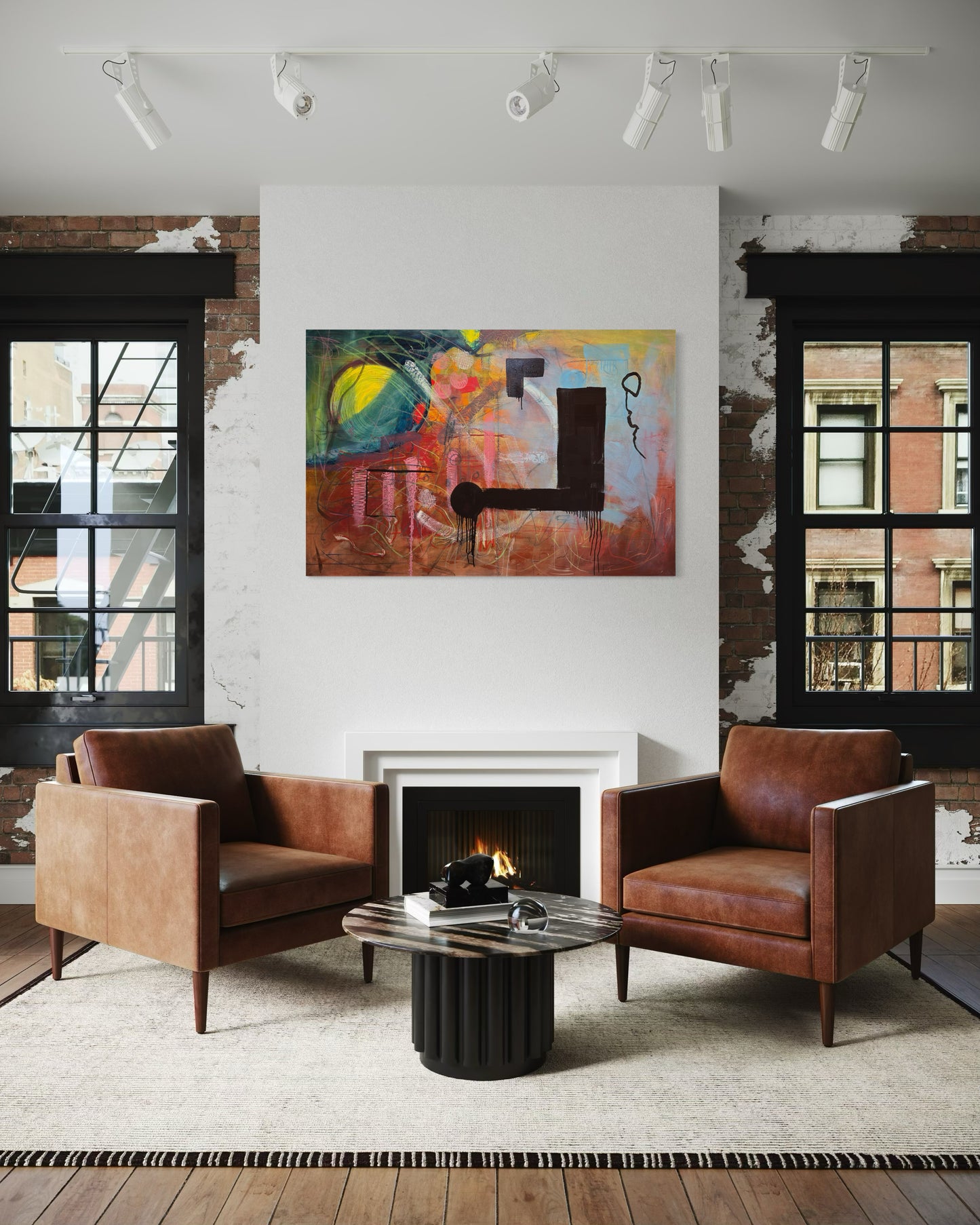 NOT ABOUT In an apartment with fireplace and 2 leather armchairs with sidetables
