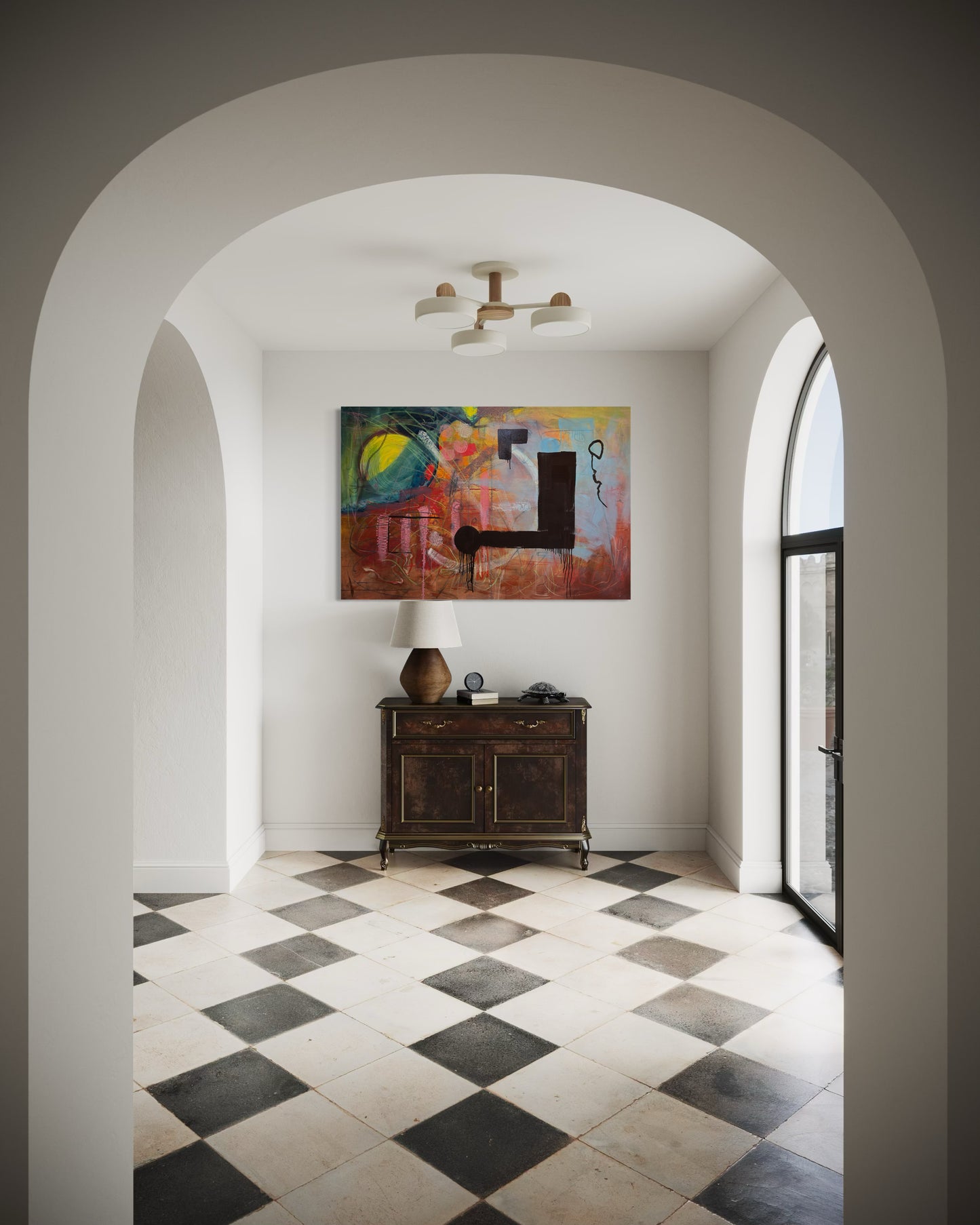 NOT ABOUT - In the entrance hall with black and white floor