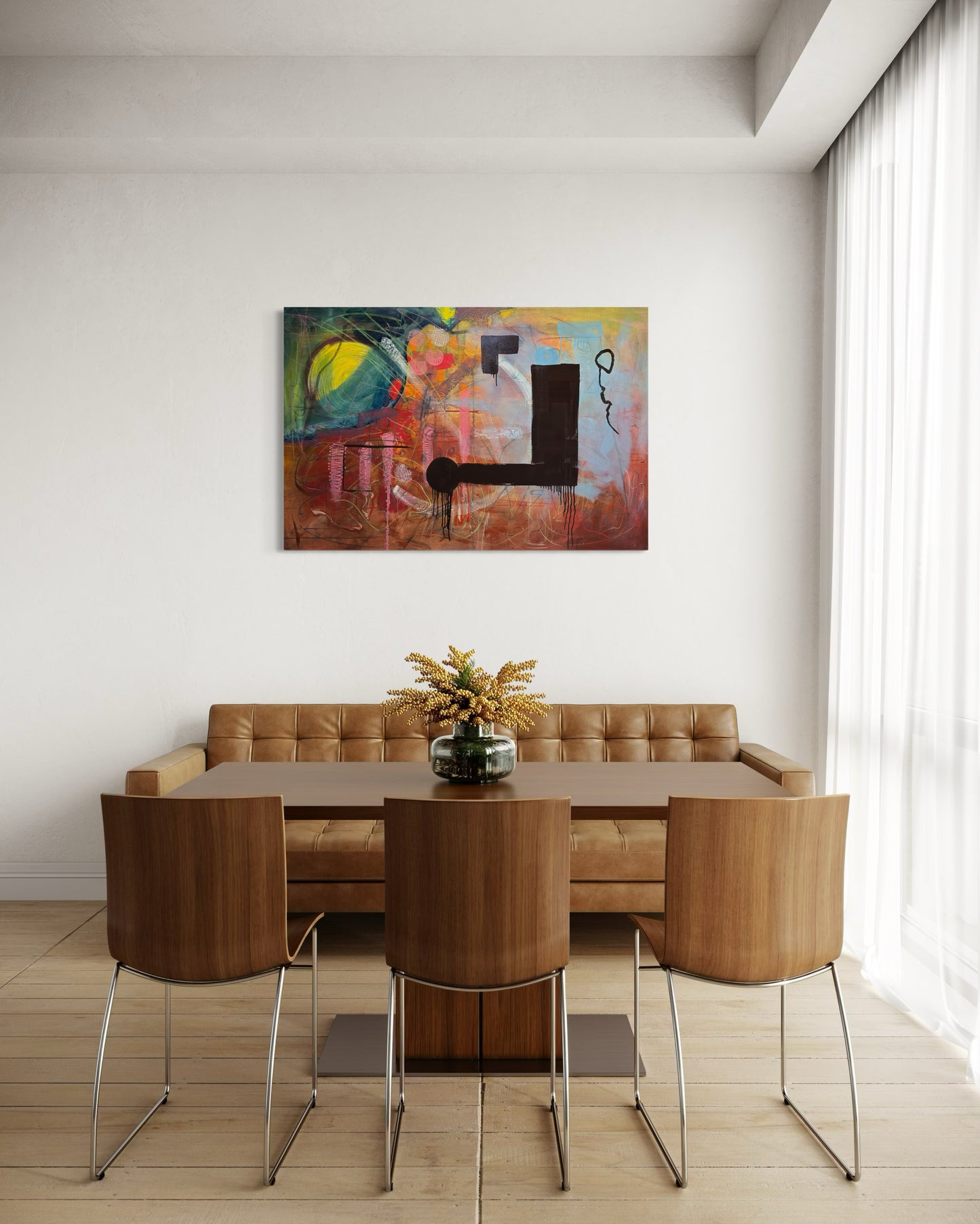 NOT ABOUT - Sitting corner with leather couch and dining table with chairs next to window with curtains