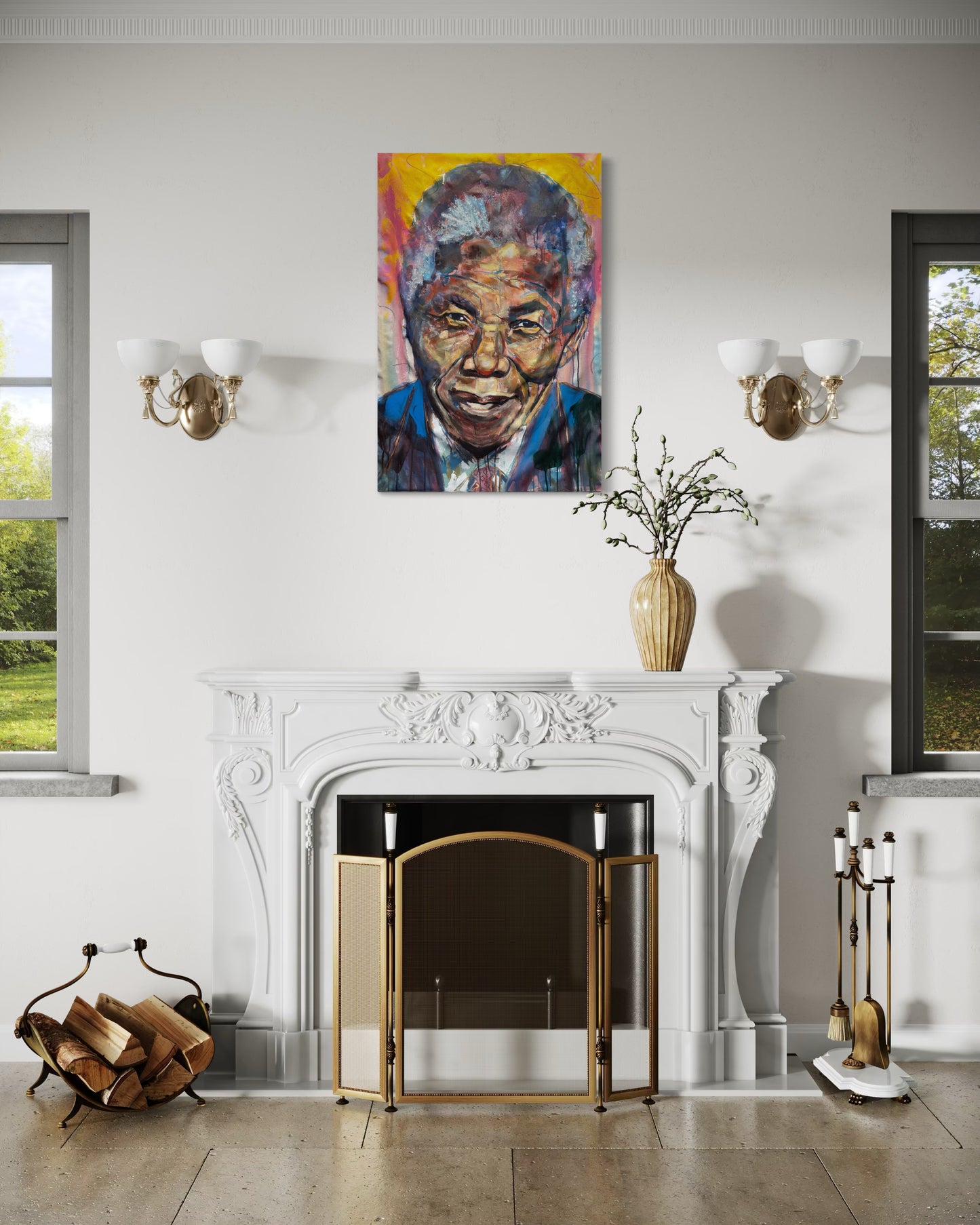 Nelson Mandela Portrait Original Painting above classic fire place
