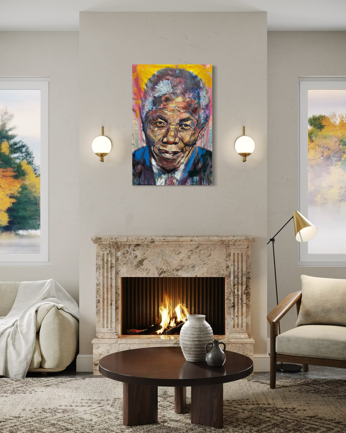 Nelson Mandela Portrait Original Painting above fire place in modern room