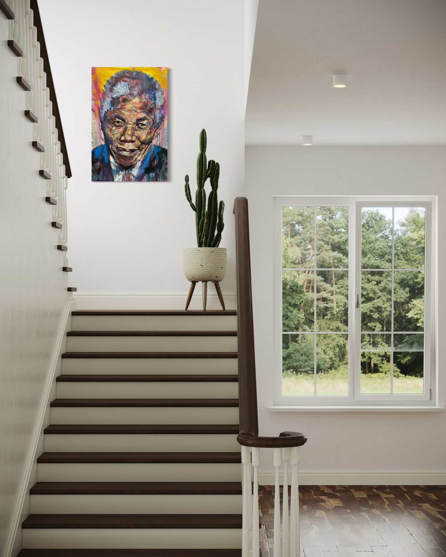 Nelson Mandela Portrait Original Painting at modern staircase