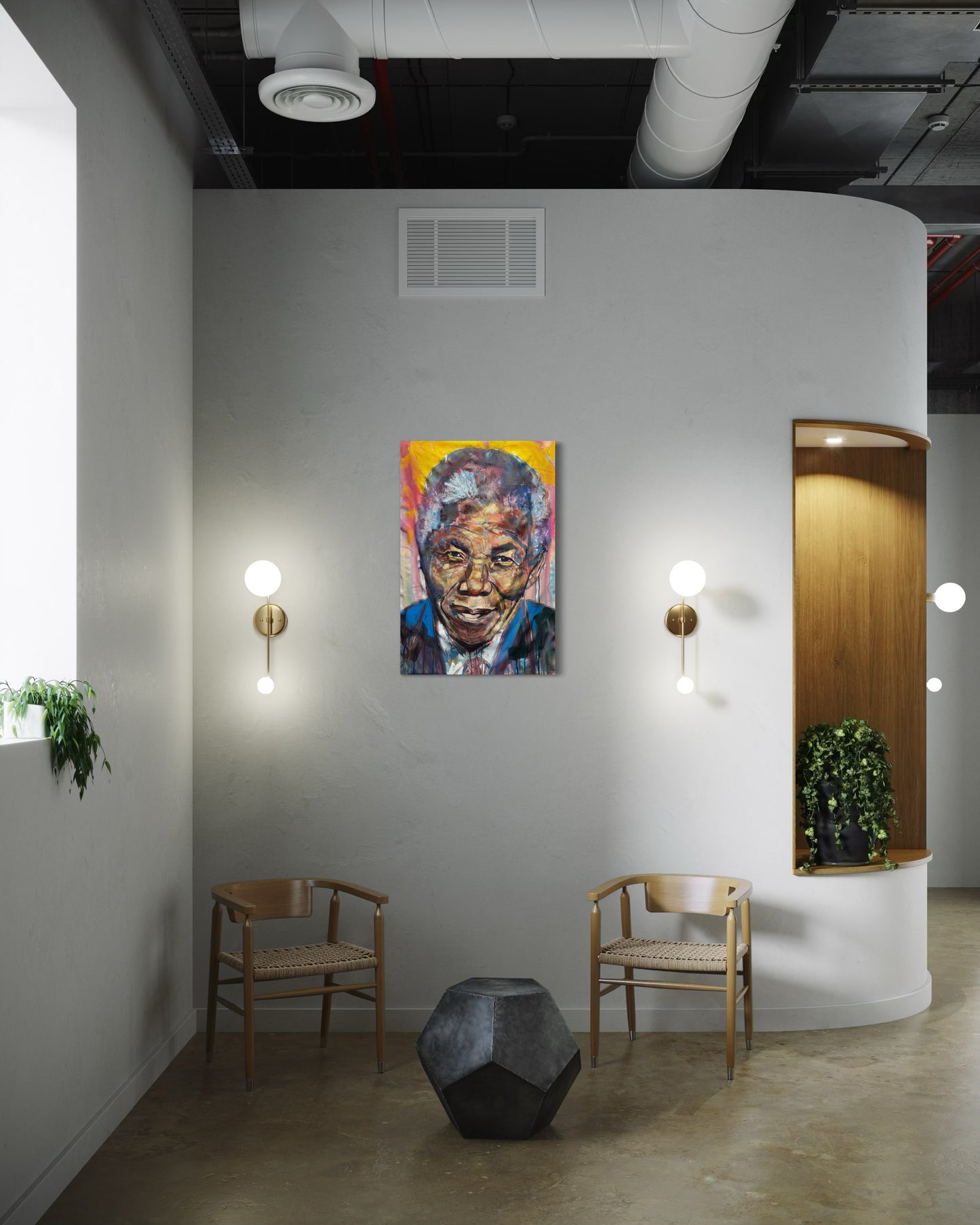 Nelson Mandela Portrait Original Painting in hallway between two lamps