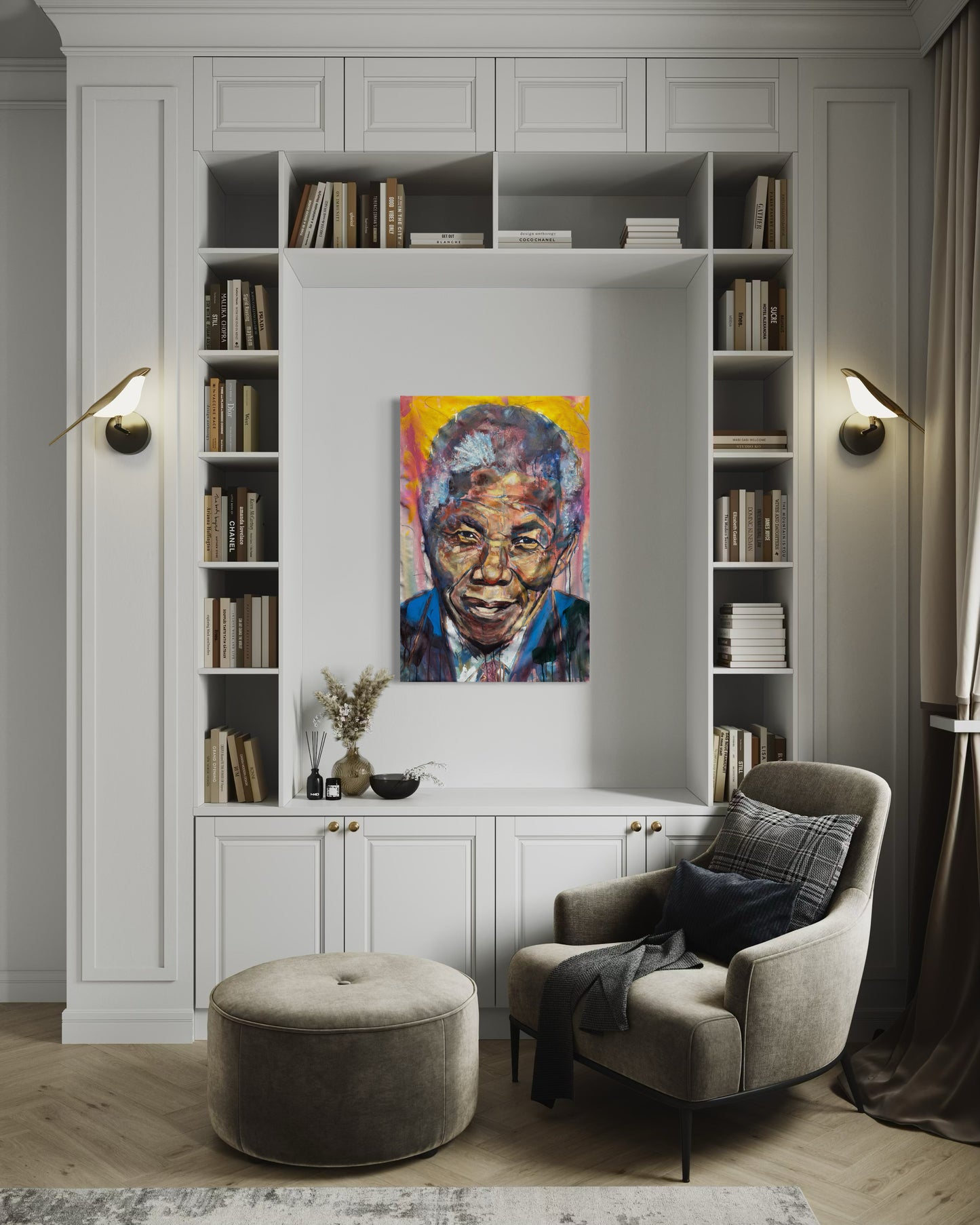Nelson Mandela Portrait Original Painting in home book library