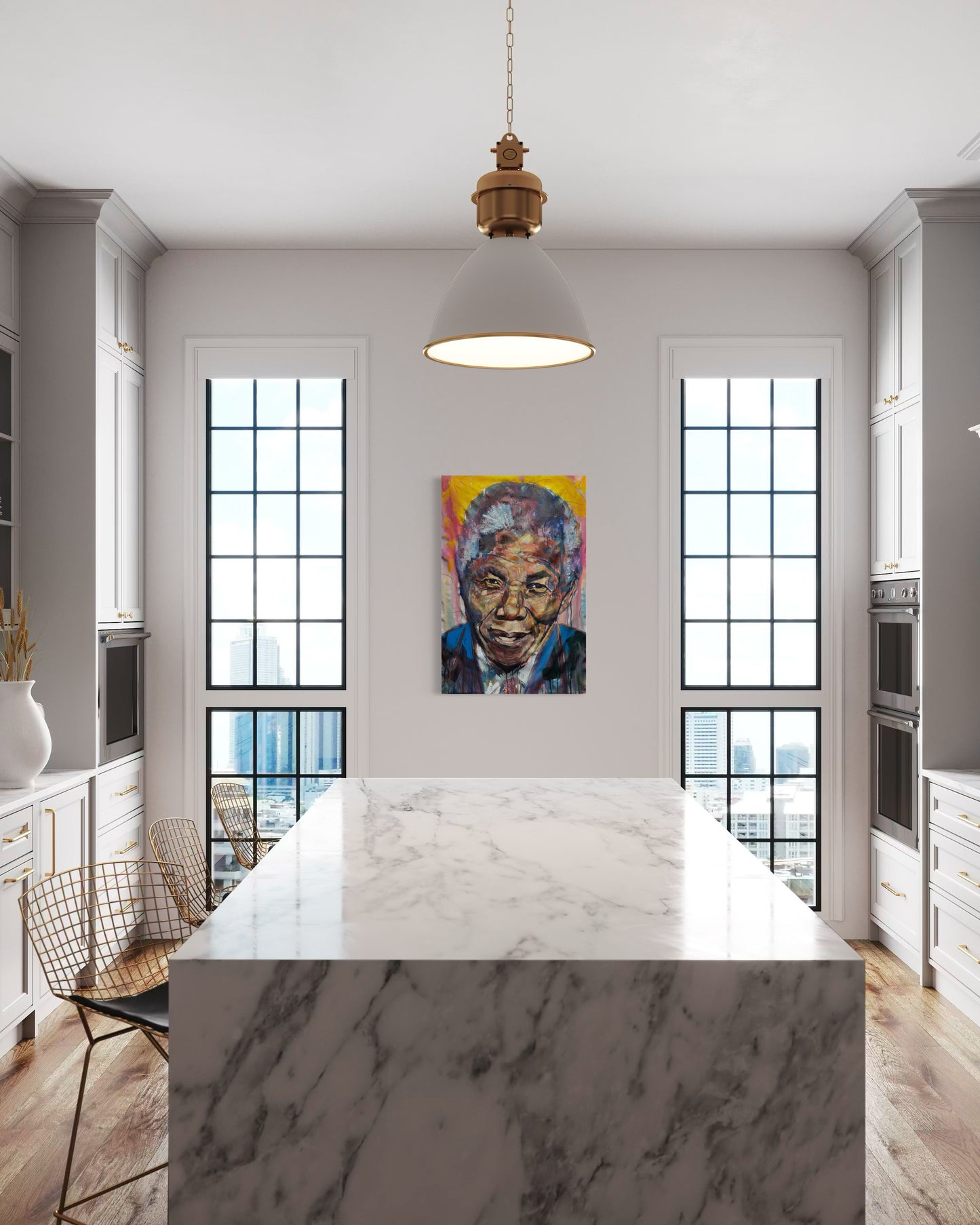Nelson Mandela Portrait Original Painting in modern kitchen with marble center