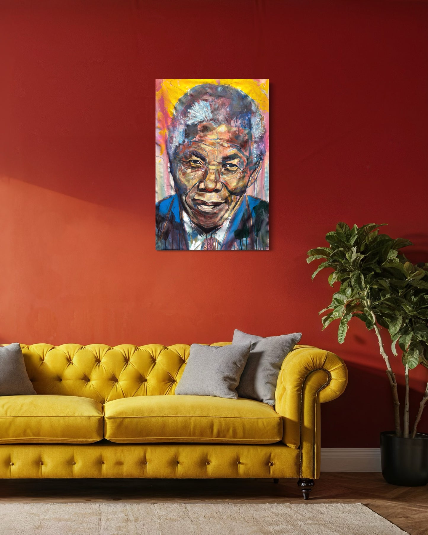 Nelson Mandela Portrait Original Painting above yellow velvet couch on red wall