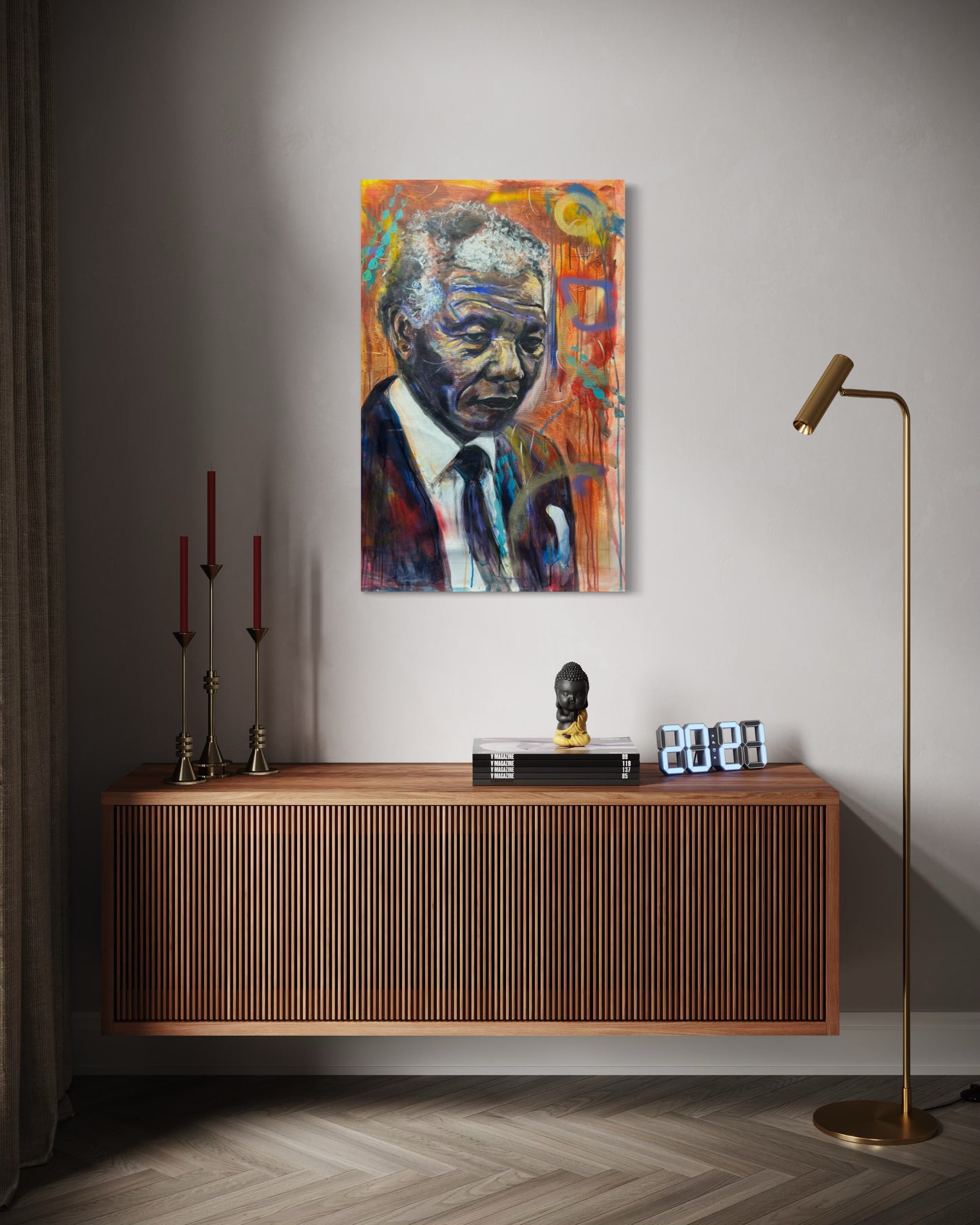 Nelson Mandela 1 Portrait Original Painting above wooden dresser