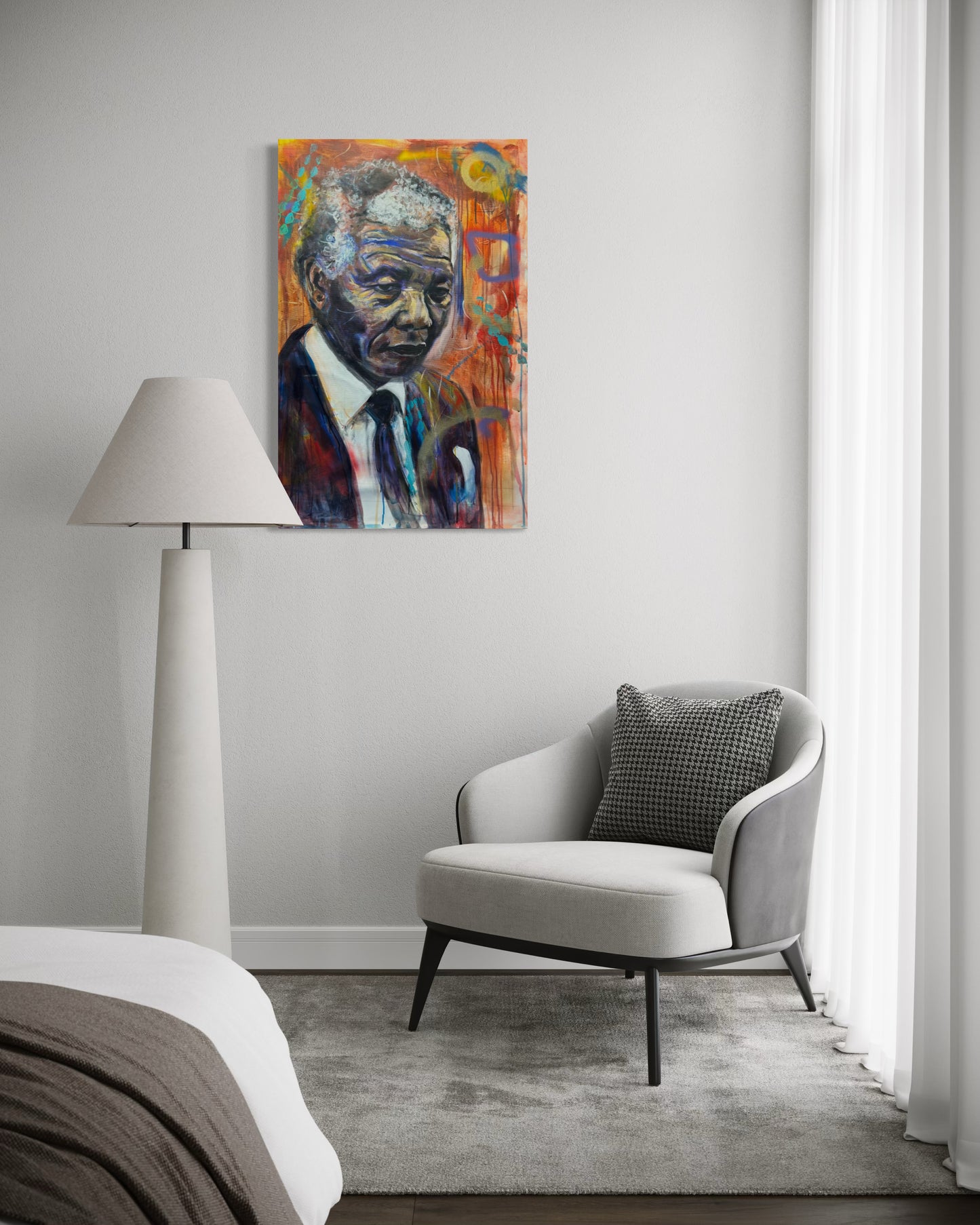 Nelson Mandela 1 Portrait Original Painting above corner sofa in bedroom