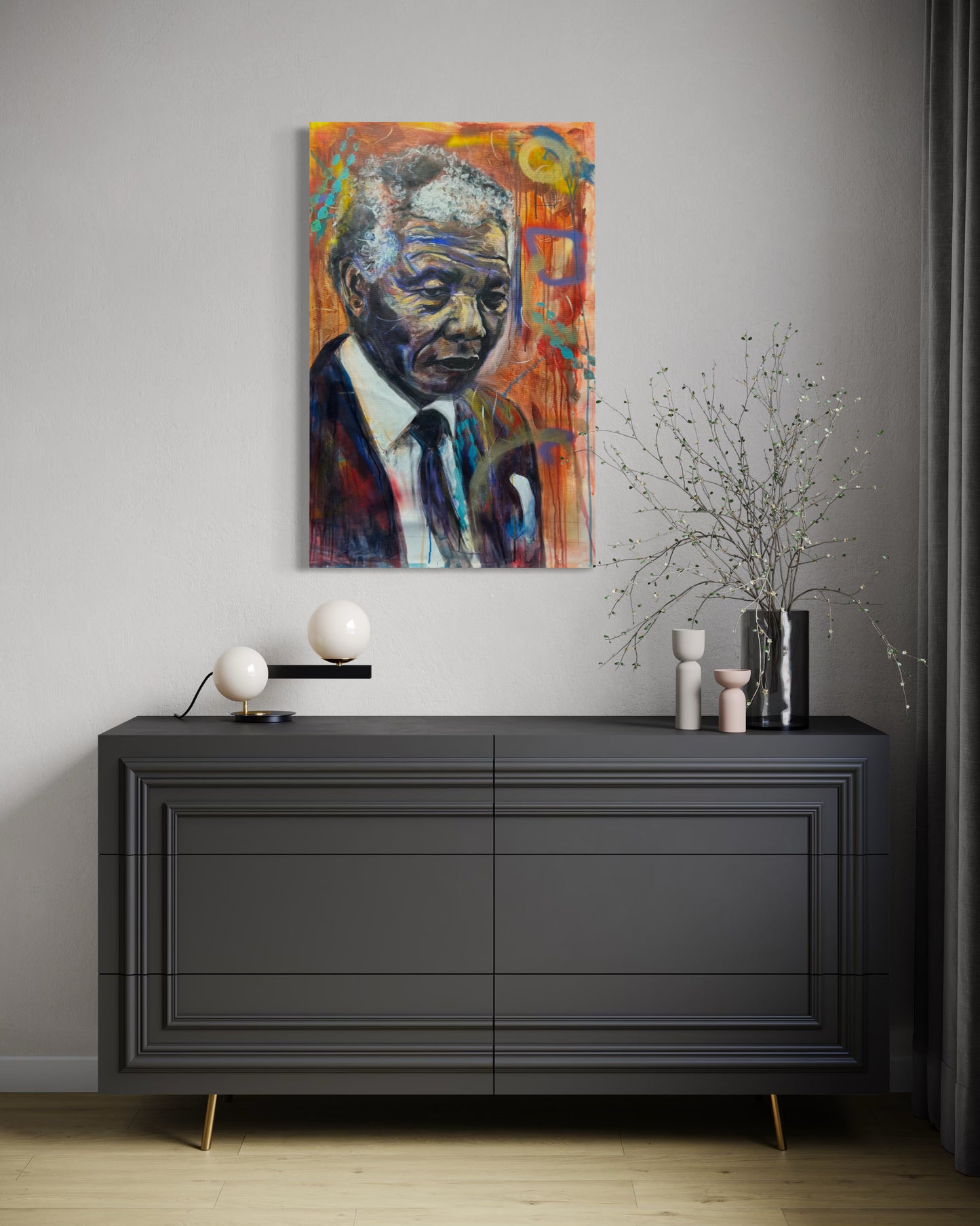 Nelson Mandela 1 Portrait Original Painting above gray elegant dresser