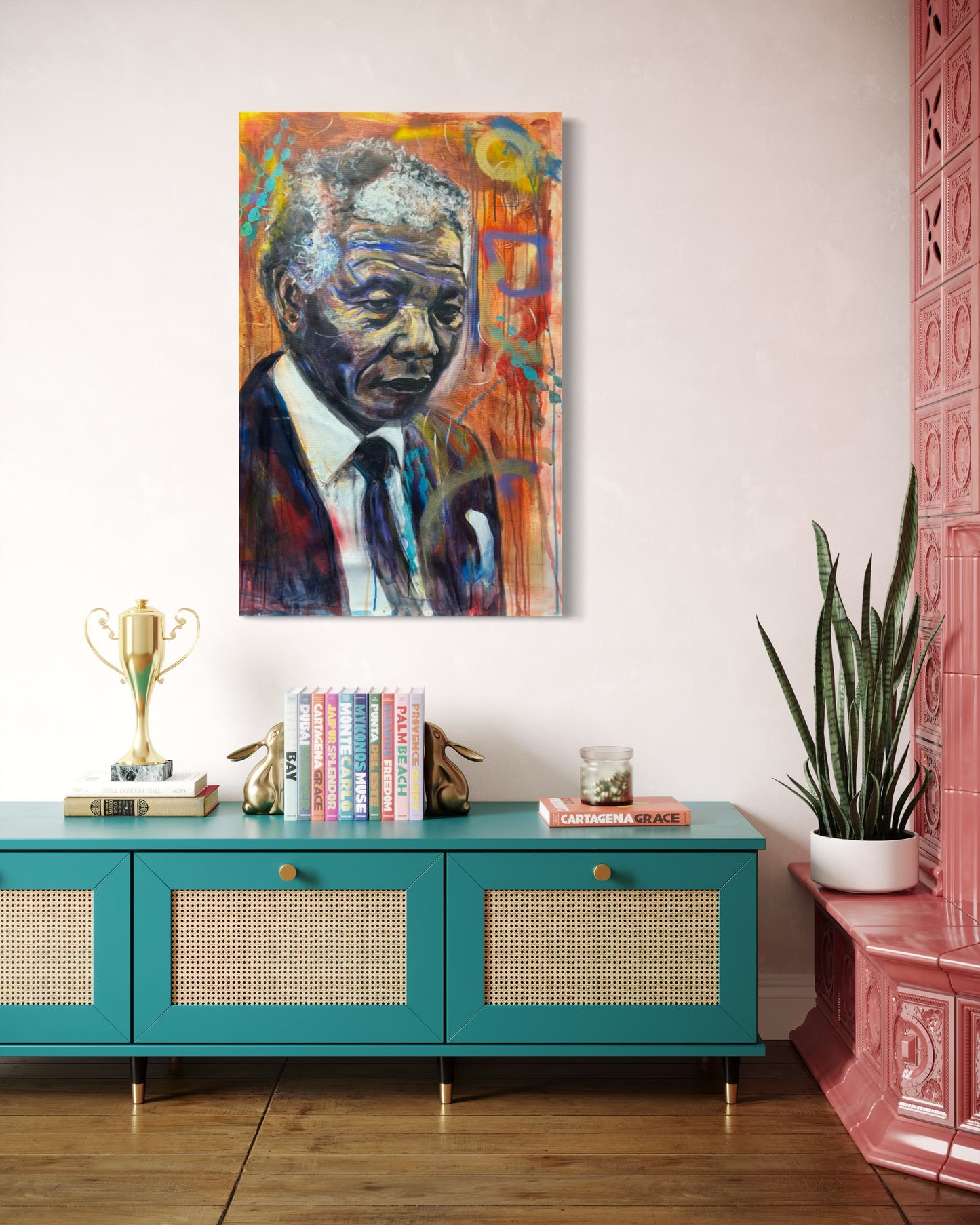Nelson Mandela 1 Portrait Original Painting above turquoise dresser