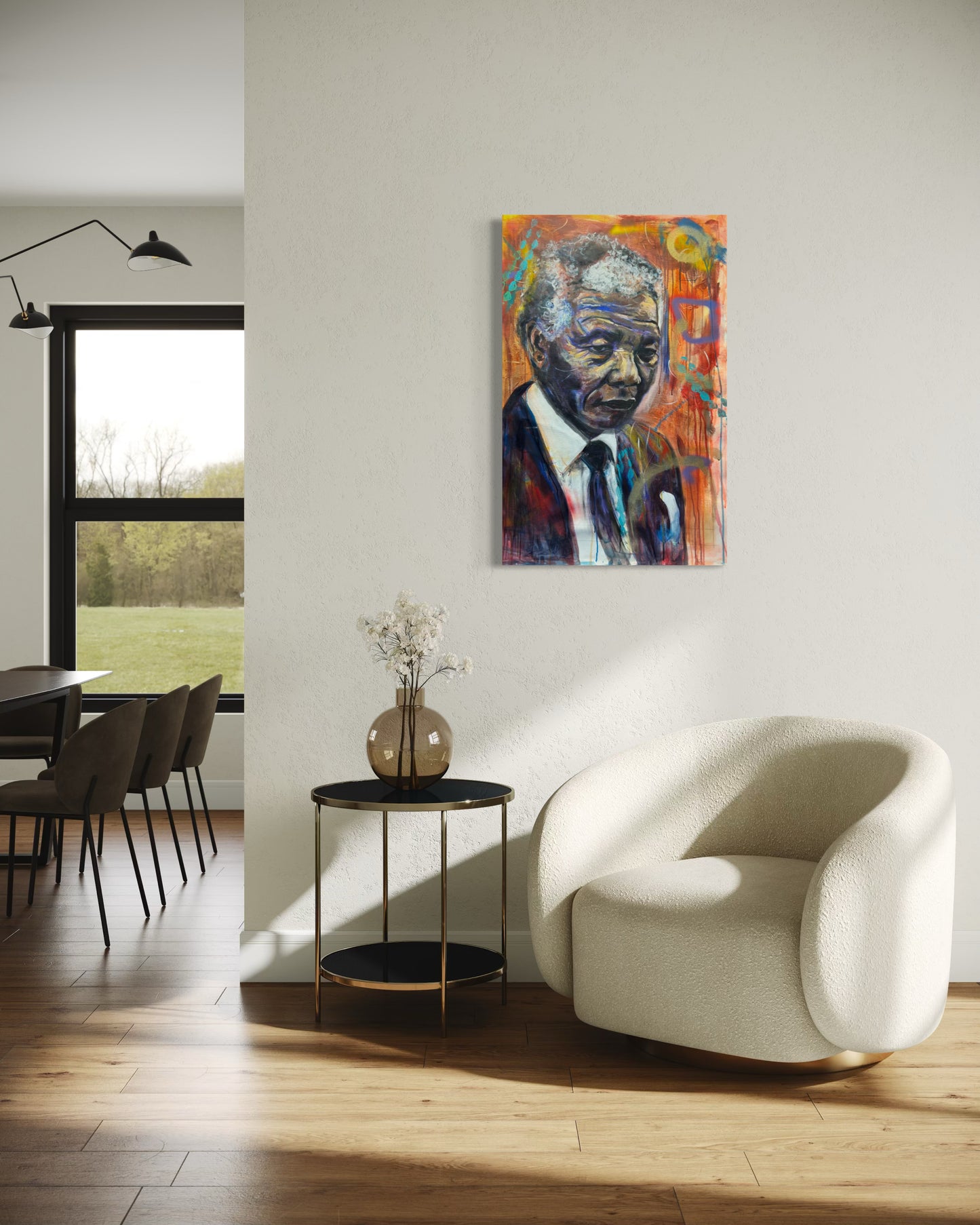 Nelson Mandela 1 Portrait Original Painting above white sofa