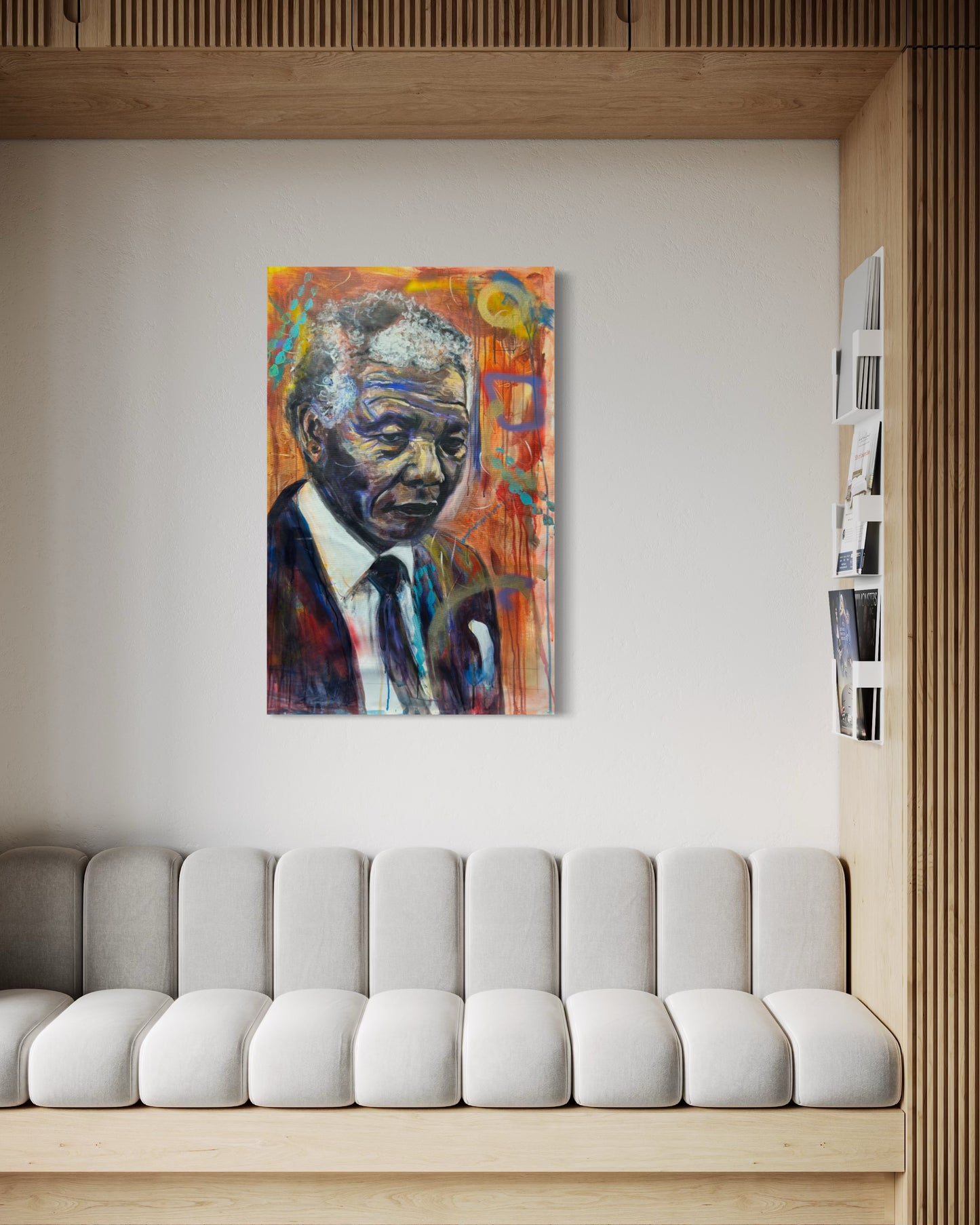 Nelson Mandela 1 Portrait Original Painting above upholstered couch