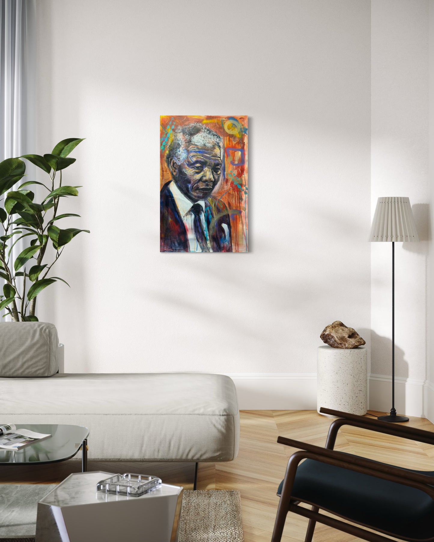 Nelson Mandela 1 Portrait Original Painting in living room with plant