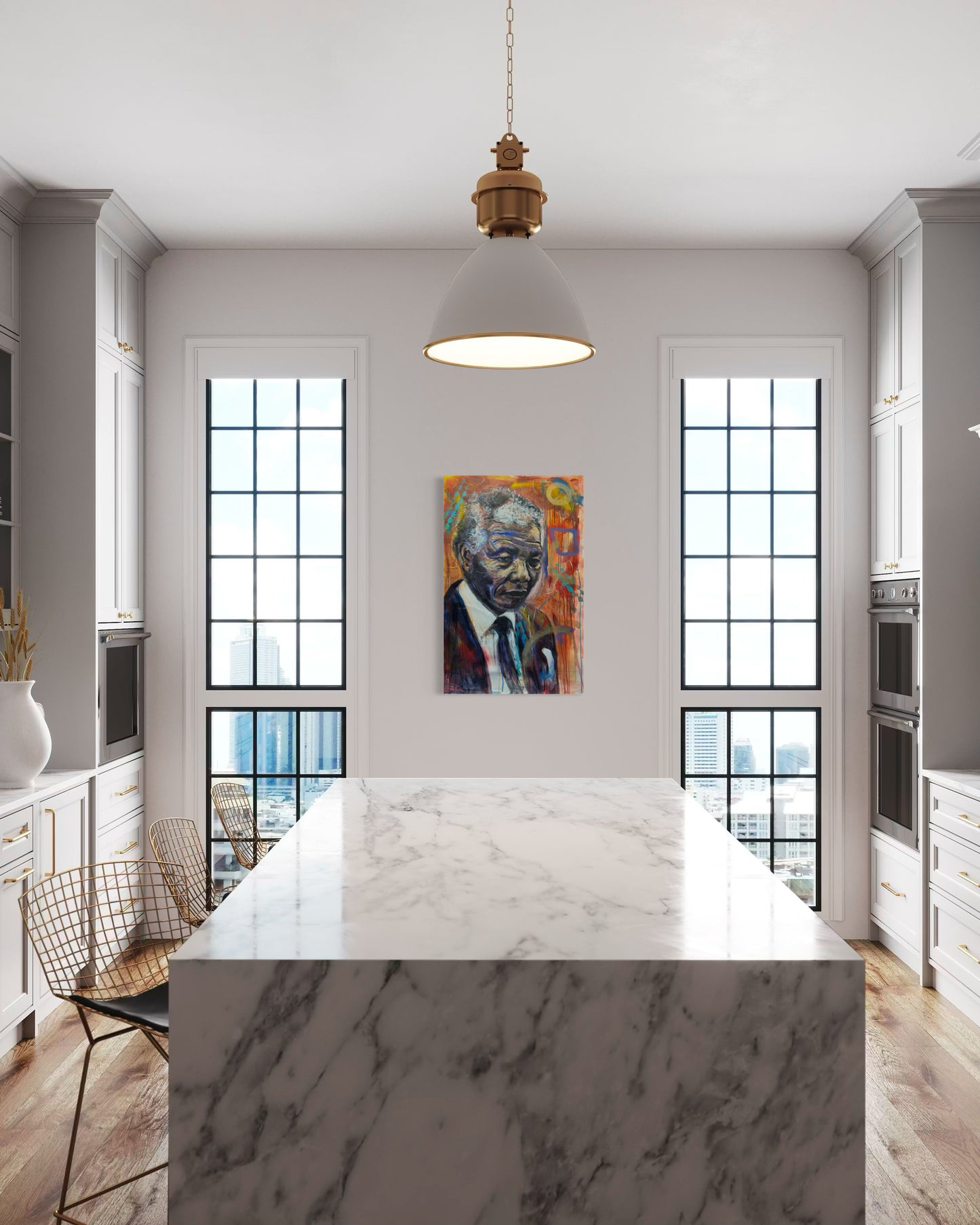 Nelson Mandela 1 Original Painting in modern kitchen with marble center piece