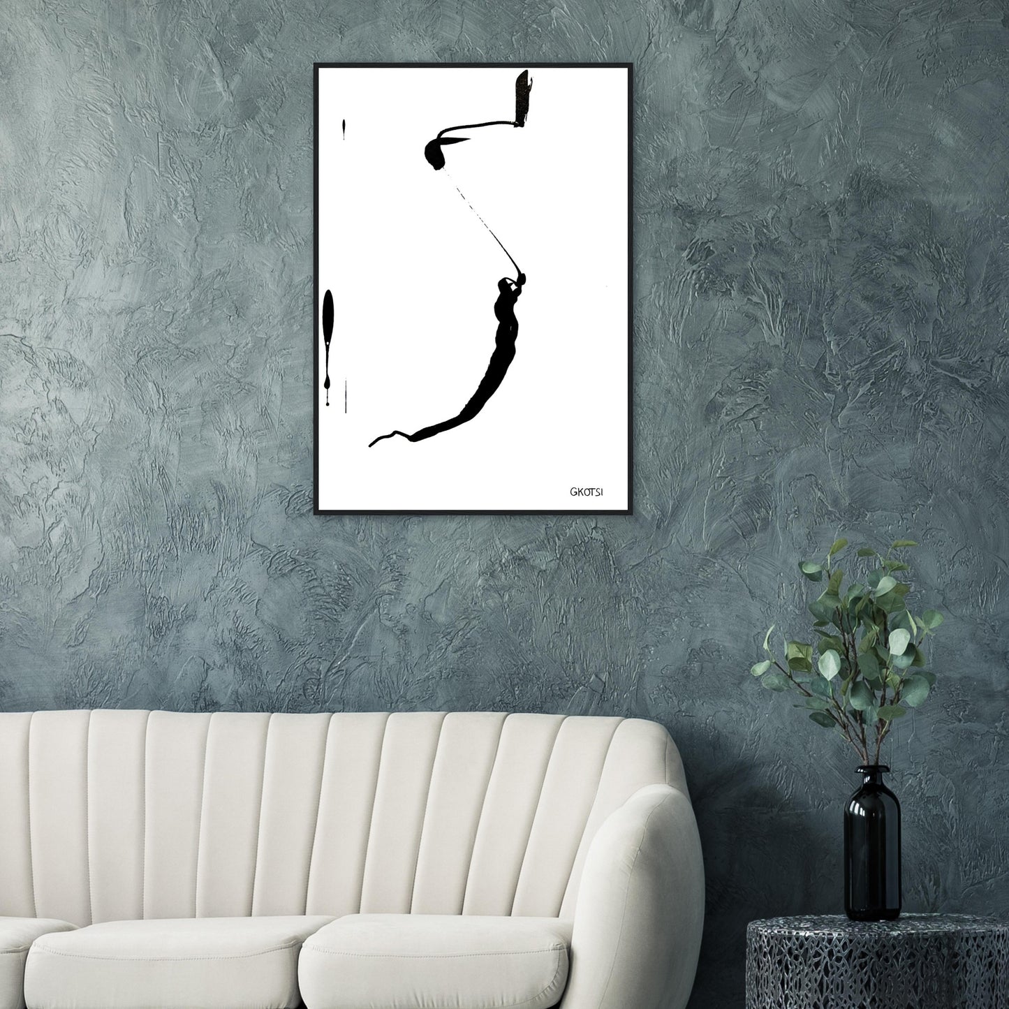 OU ARE poster print above grey sofa in living room