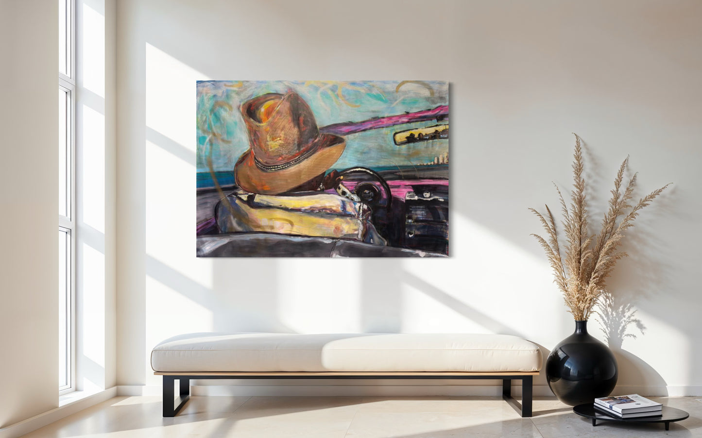 Paseo vedado Travel Original Painting over elegant white leather bench