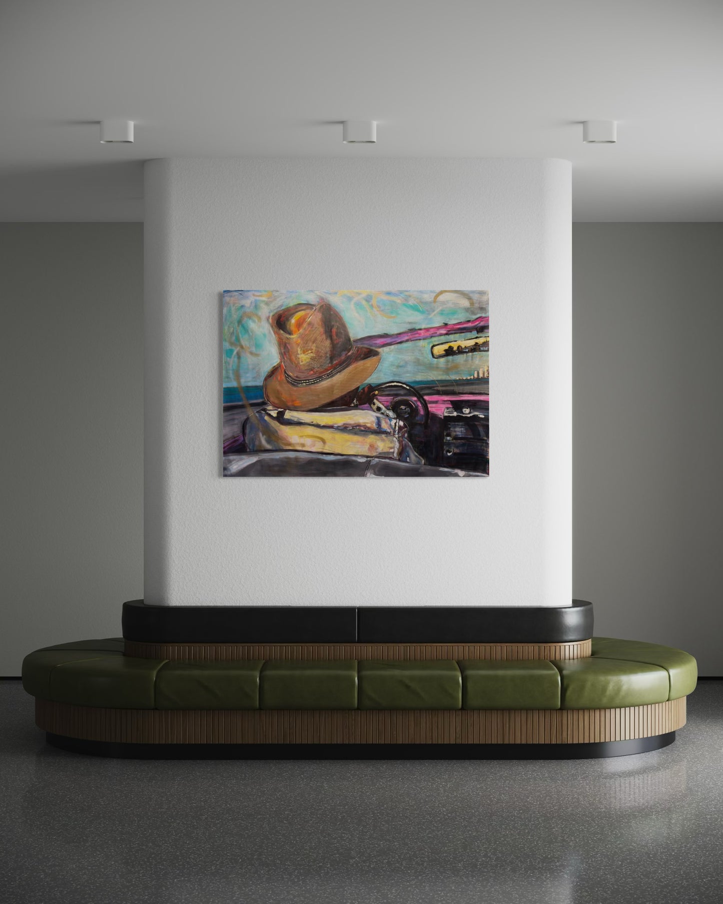Paseo vedado Travel Original Painting above round couch in cinema space