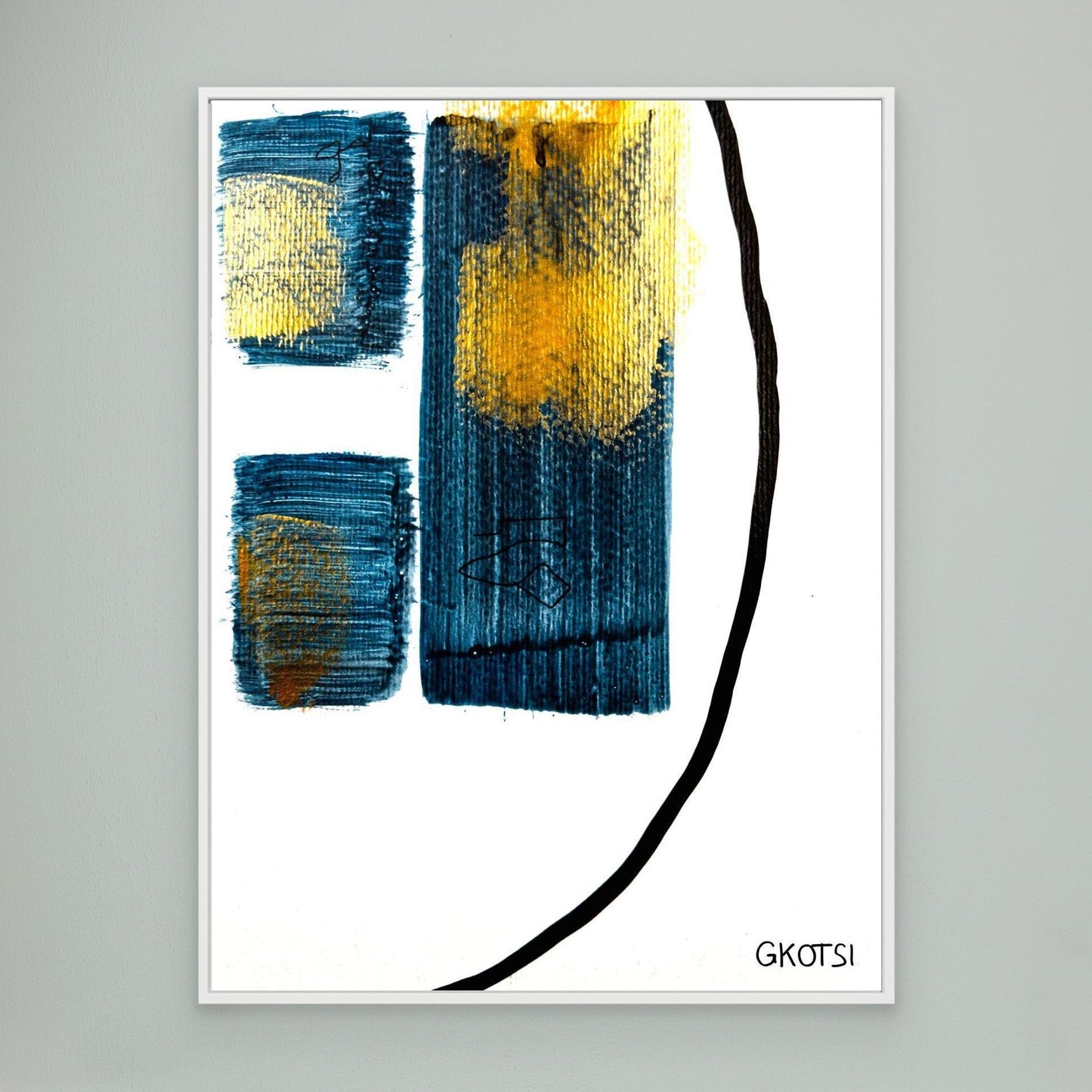 PHARAO artwork close-up with white frame on gray wall - contemporary Egyptian display