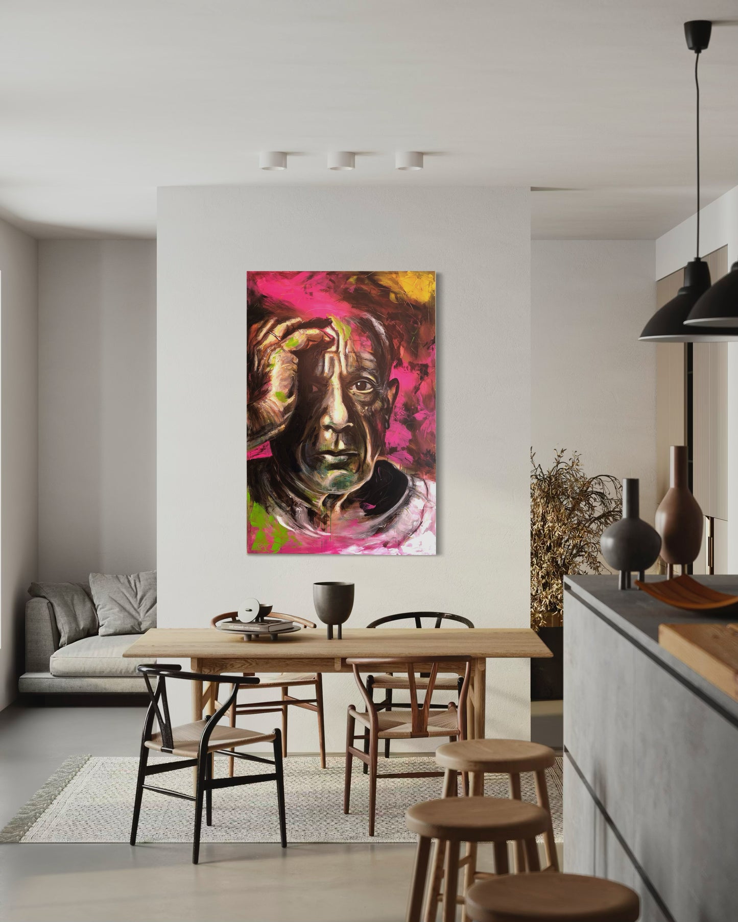 Pablo Picasso Portrait Original Painting in kitchen at dining table