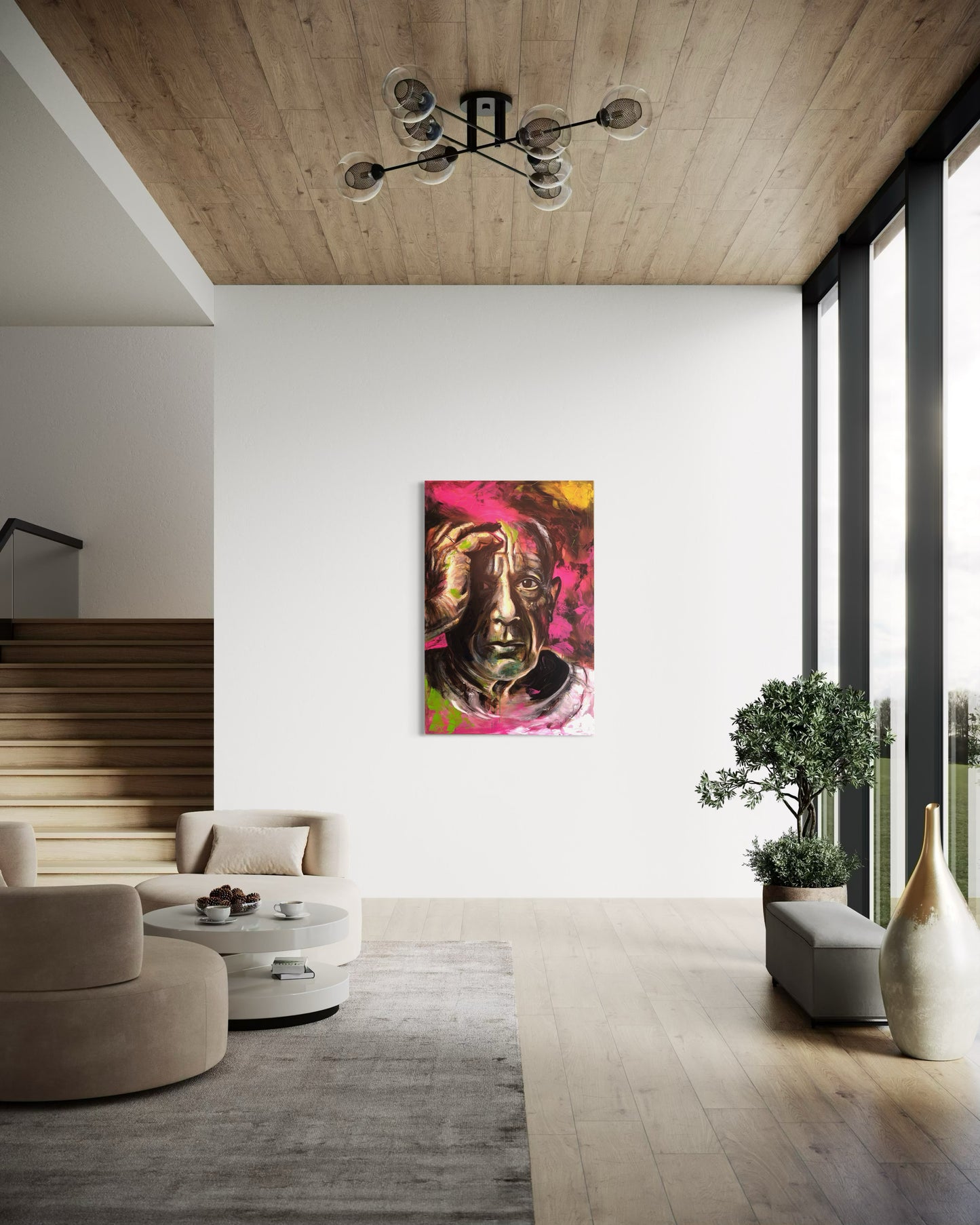 Pablo Picasso Portrait Original Painting in large storage room with staircase