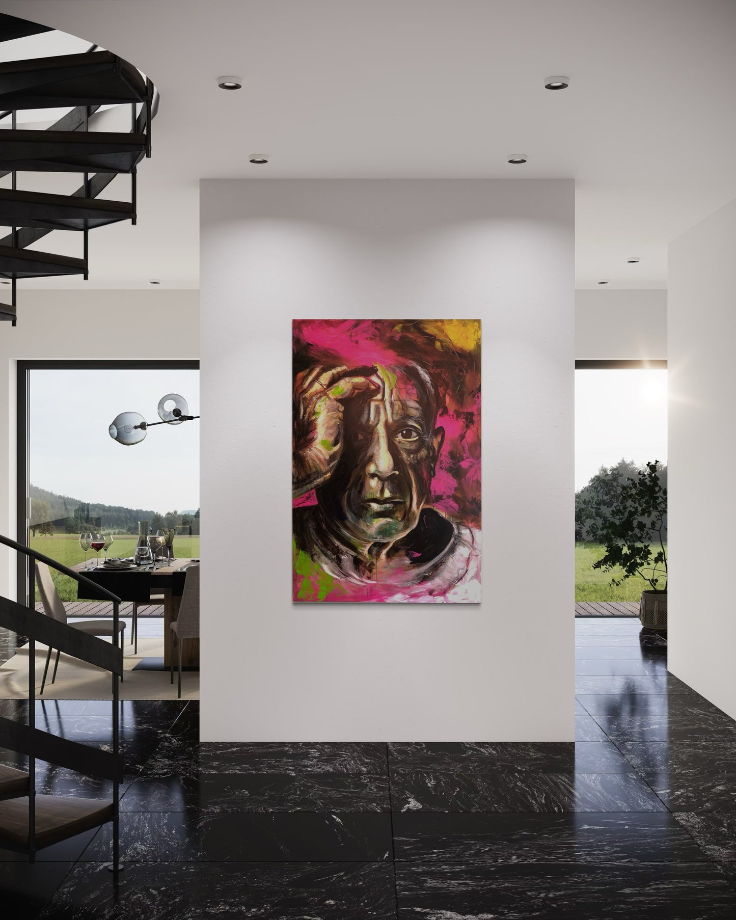 Pablo Picasso Portrait Original Painting in luxury maisonette with black marble floor