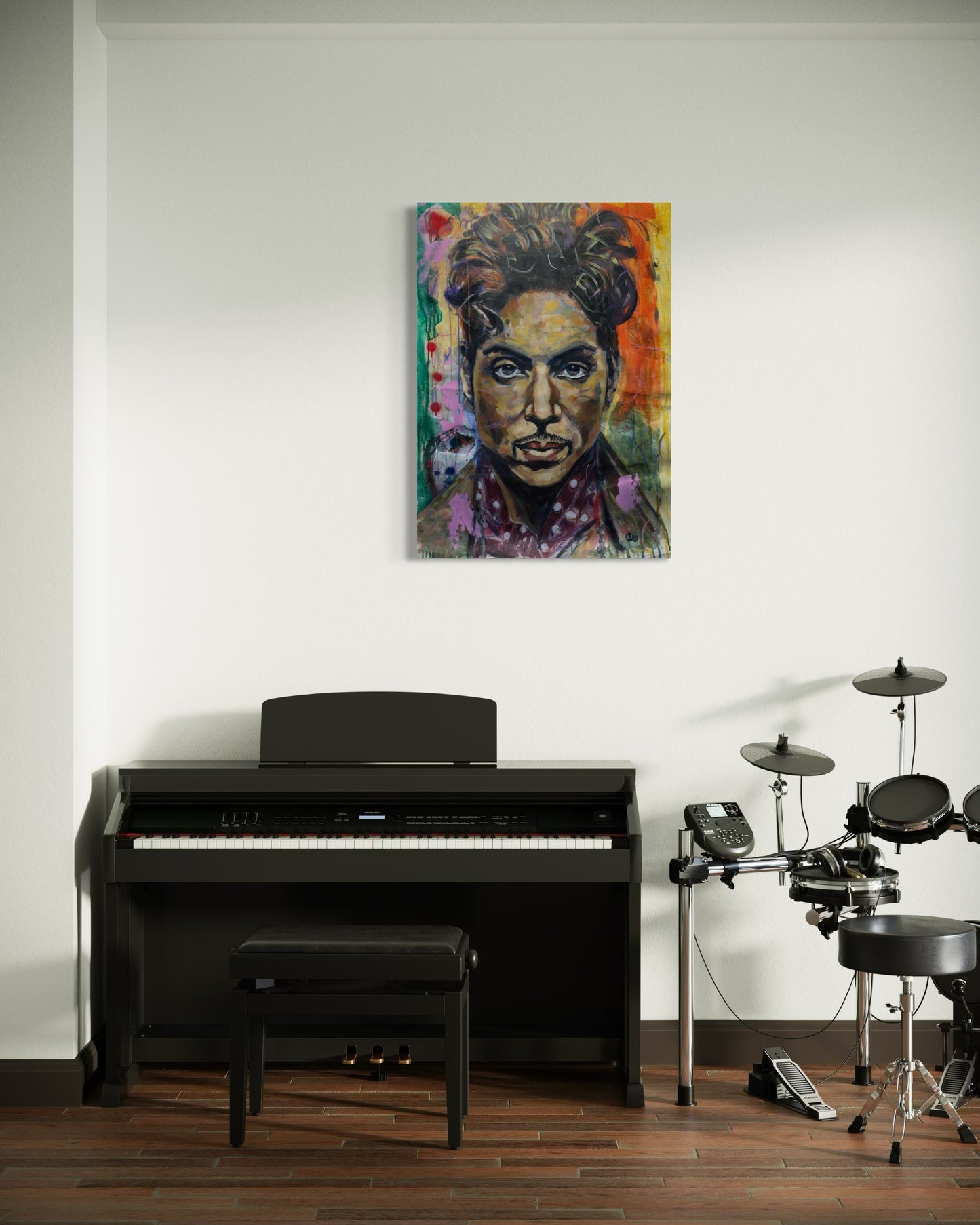 Prince Portrait Original Painting above piano and drums