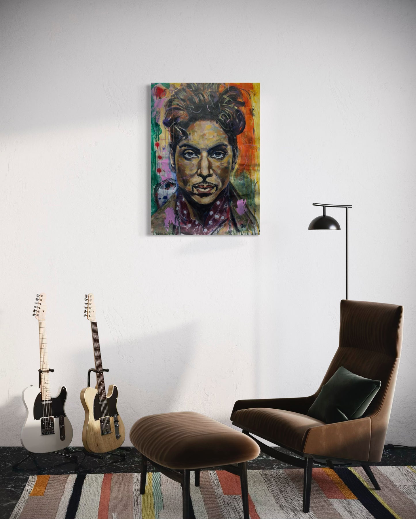 Prince Portrait Original Painting in music room with electric guitars