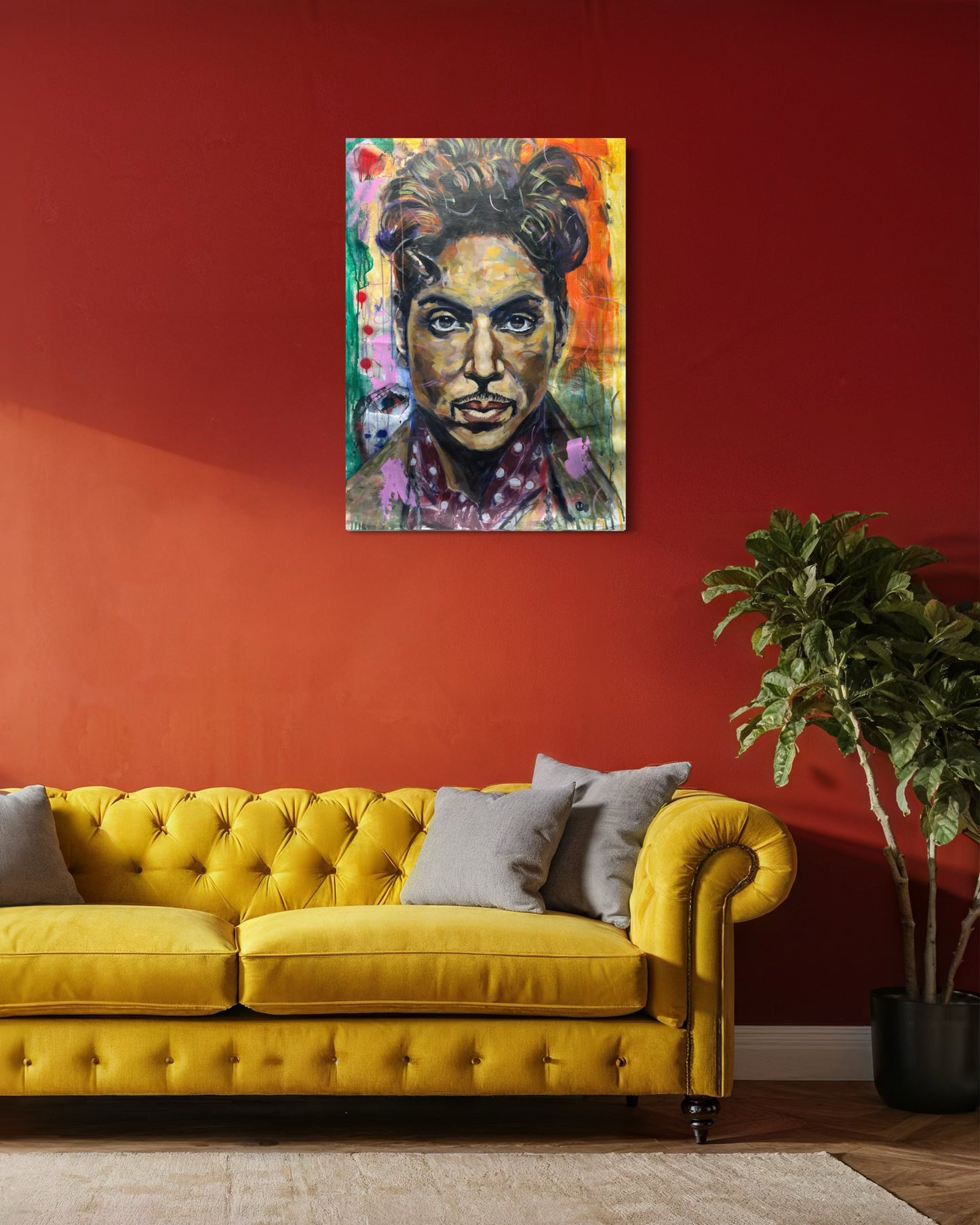 Prince Portrait Original Painting above a yellow velvet couch and red wall
